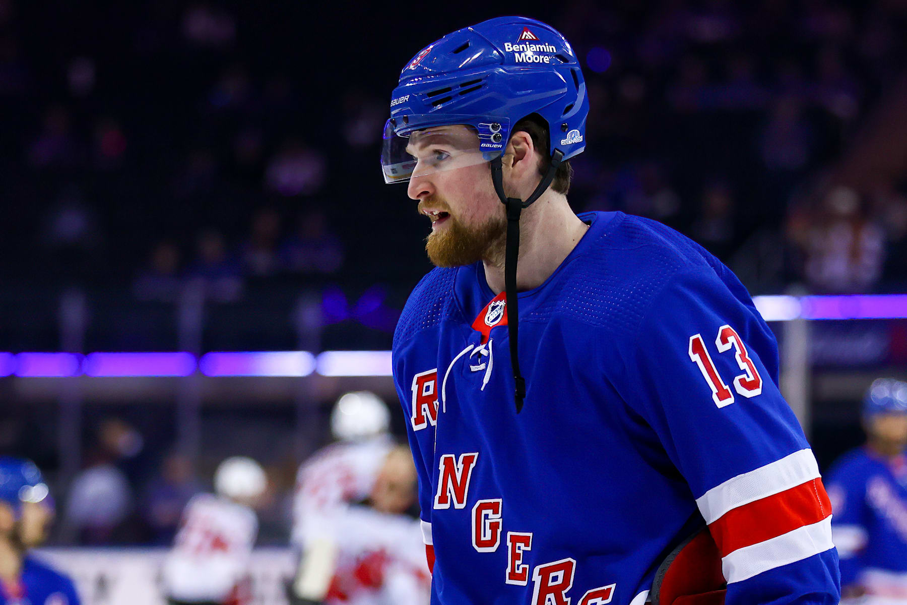 NEW YORK, NY - APRIL 24: New York Rangers Left Wing Alexis Lafreniere (13) is pictured prior to Game 4 of the National Hockey League Eastern Conference First Round between the New Jersey Devils and the New York Rangers on April 24, 2023 at Madison Square Garden in New York, NY. (Photo by Joshua Sarner/Icon Sportswire via Getty Images)
