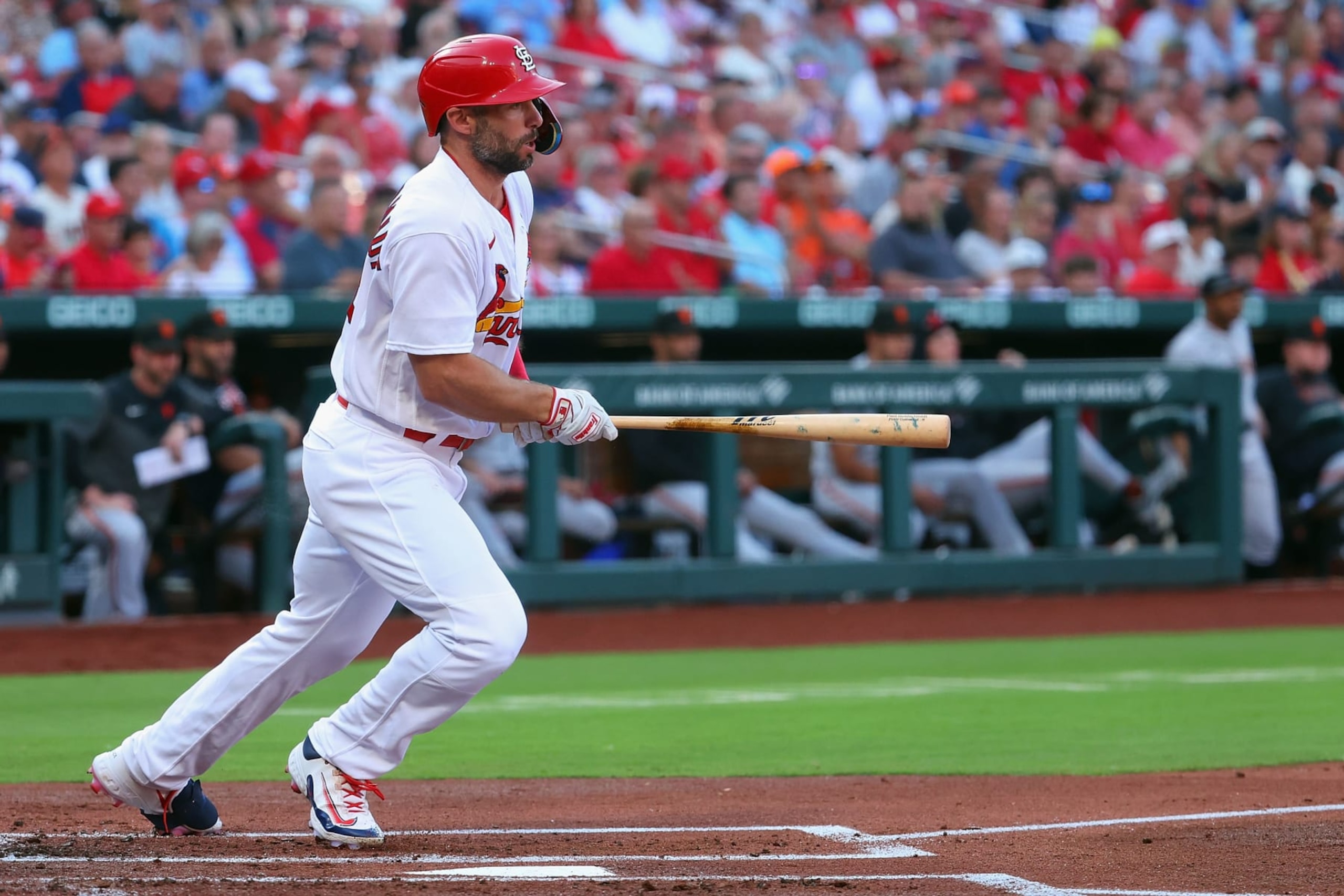ST LOUIS, MISSOURI - JUNE 13: Paul Goldschmidt #46 of the St. Louis Cardinals bats in a run with a single against the San Francisco Giants in the first inning at Busch Stadium on June 13, 2023 in St Louis, Missouri. (Photo by Dilip Vishwanat/Getty Images) ST LOUIS, MISSOURI - JUNE 13: Paul Goldschmidt #46 of the St. Louis Cardinals bats in a run with a single against the San Francisco Giants in the first inning at Busch Stadium on June 13, 2023 in St Louis, Missouri. (Photo by Dilip Vishwanat/Getty Images)