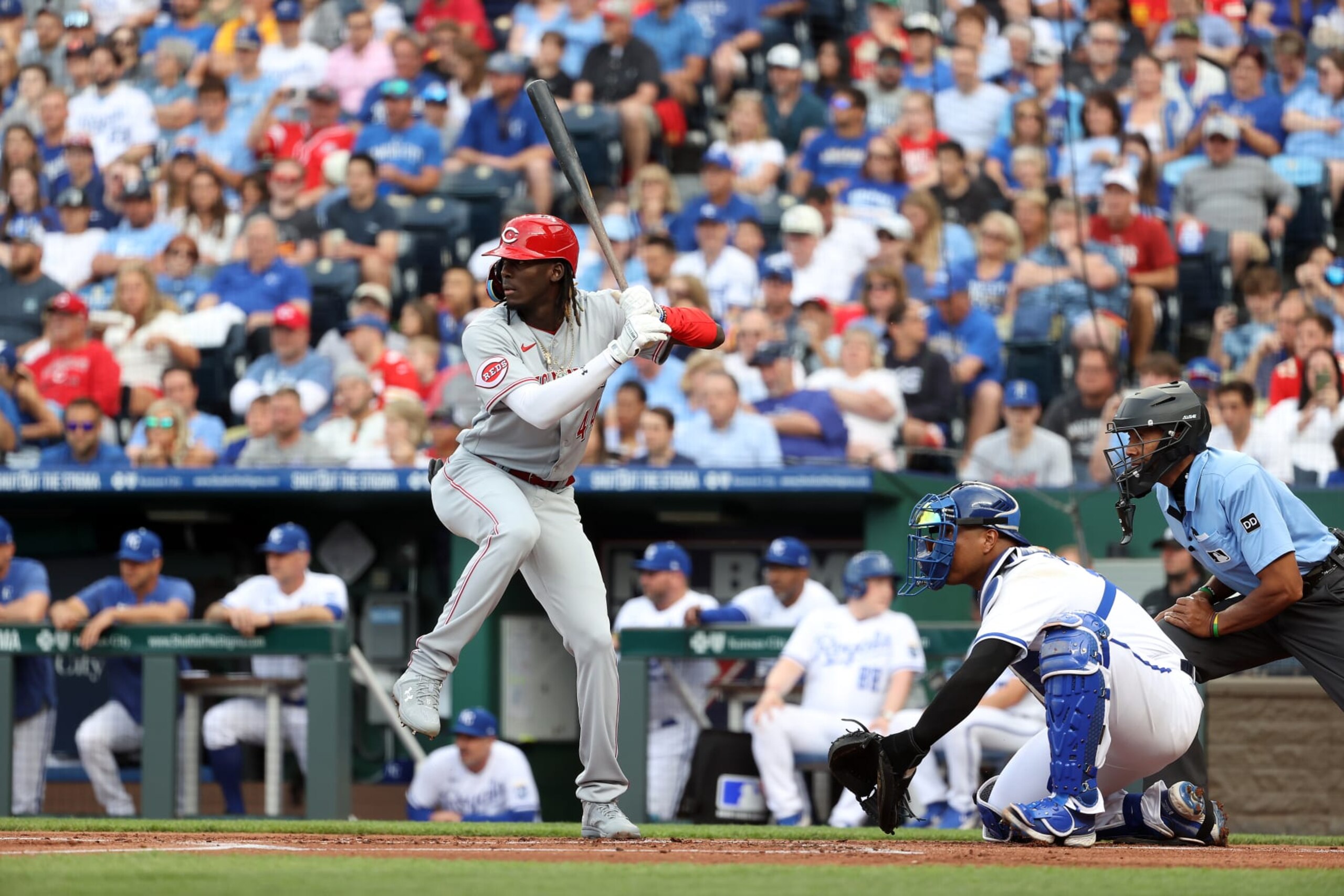 KANSAS CITY, MISSOURI - JUNE 12: Elly De La Cruz #44 of the Cincinnati Reds bats during the 1st inning of the game against the Kansas City Royals at Kauffman Stadium on June 12, 2023 in Kansas City, Missouri. (Photo by Jamie Squire/Getty Images) KANSAS CITY, MISSOURI - JUNE 12: Elly De La Cruz #44 of the Cincinnati Reds bats during the 1st inning of the game against the Kansas City Royals at Kauffman Stadium on June 12, 2023 in Kansas City, Missouri. (Photo by Jamie Squire/Getty Images)
