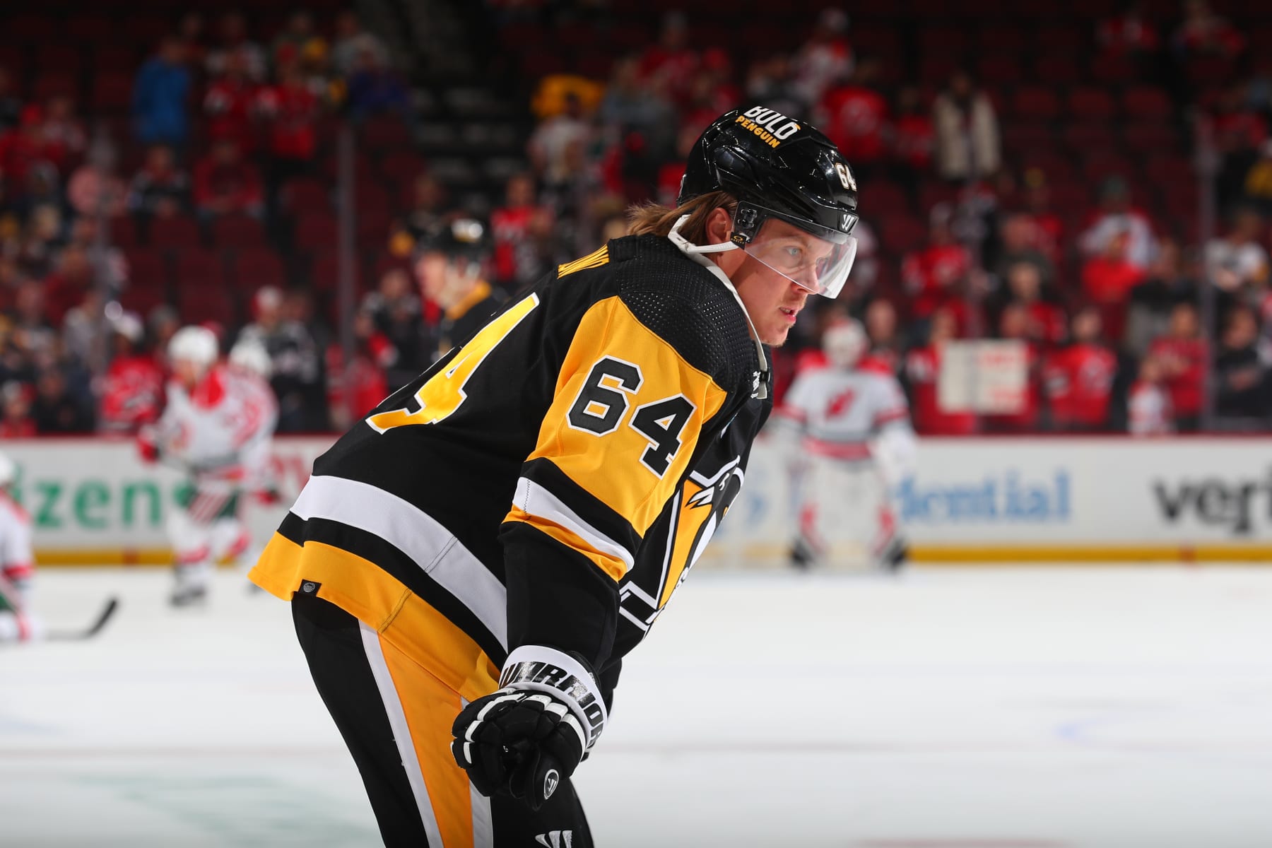 NEWARK, NJ - APRIL 04: Mikael Granlund #64 of the Pittsburgh Penguins warms up prior to the game against the New Jersey Devils on April 4, 2023 in Newark, New Jersey.  (Photo by Rich Graessle/NHLI via Getty Images)