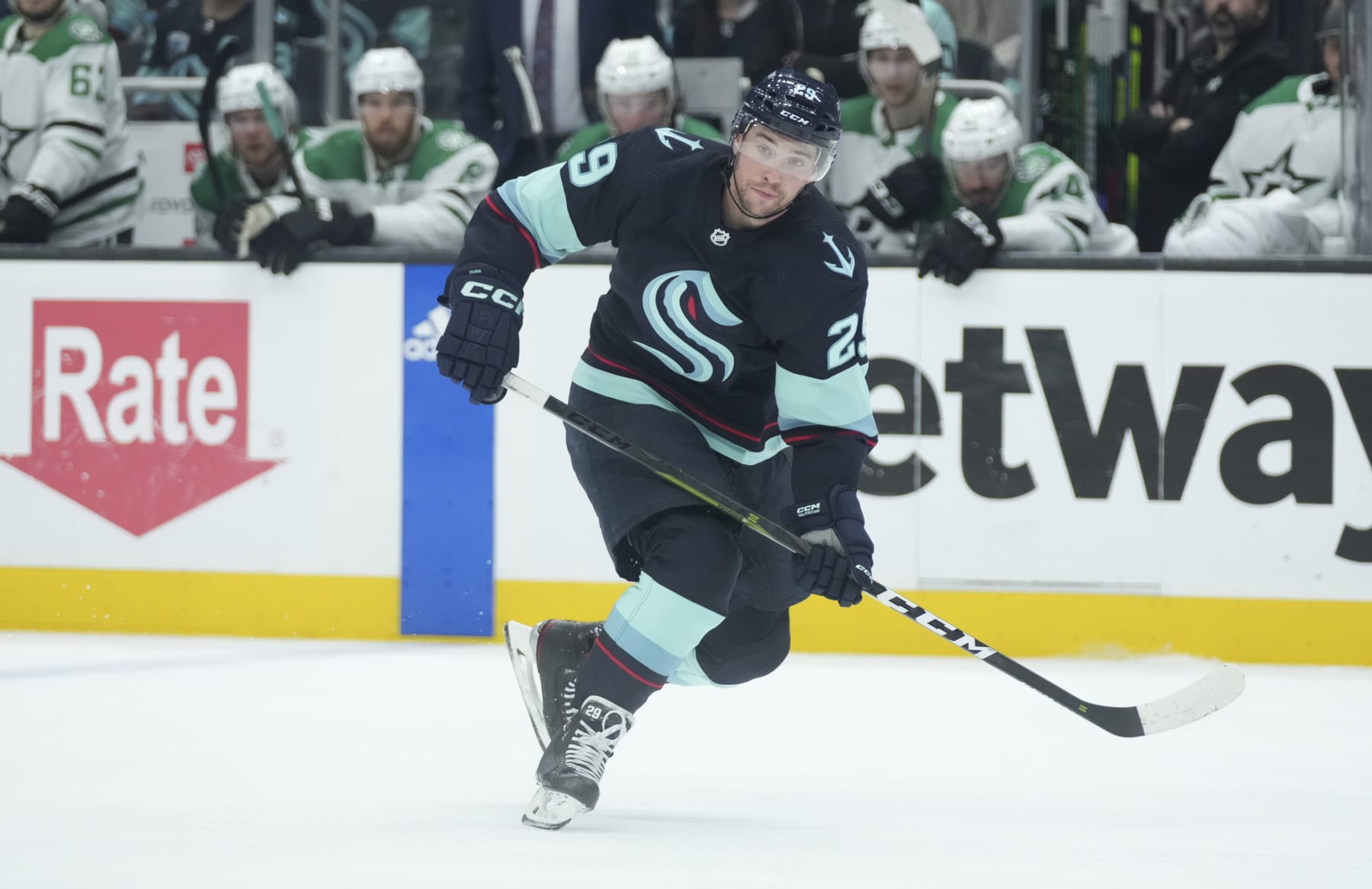 SEATTLE, WA - MAY 13: Seattle Kraken defenseman Vince Dunn (29) skates during an NHL Western Conference 2nd round game 6 matchup between the Dallas Stars and the Seattle Kraken on May 13, 2023 at Climate Pledge Arena in Seattle, WA. (Photo by Jeff Halstead/Icon Sportswire via Getty Images)