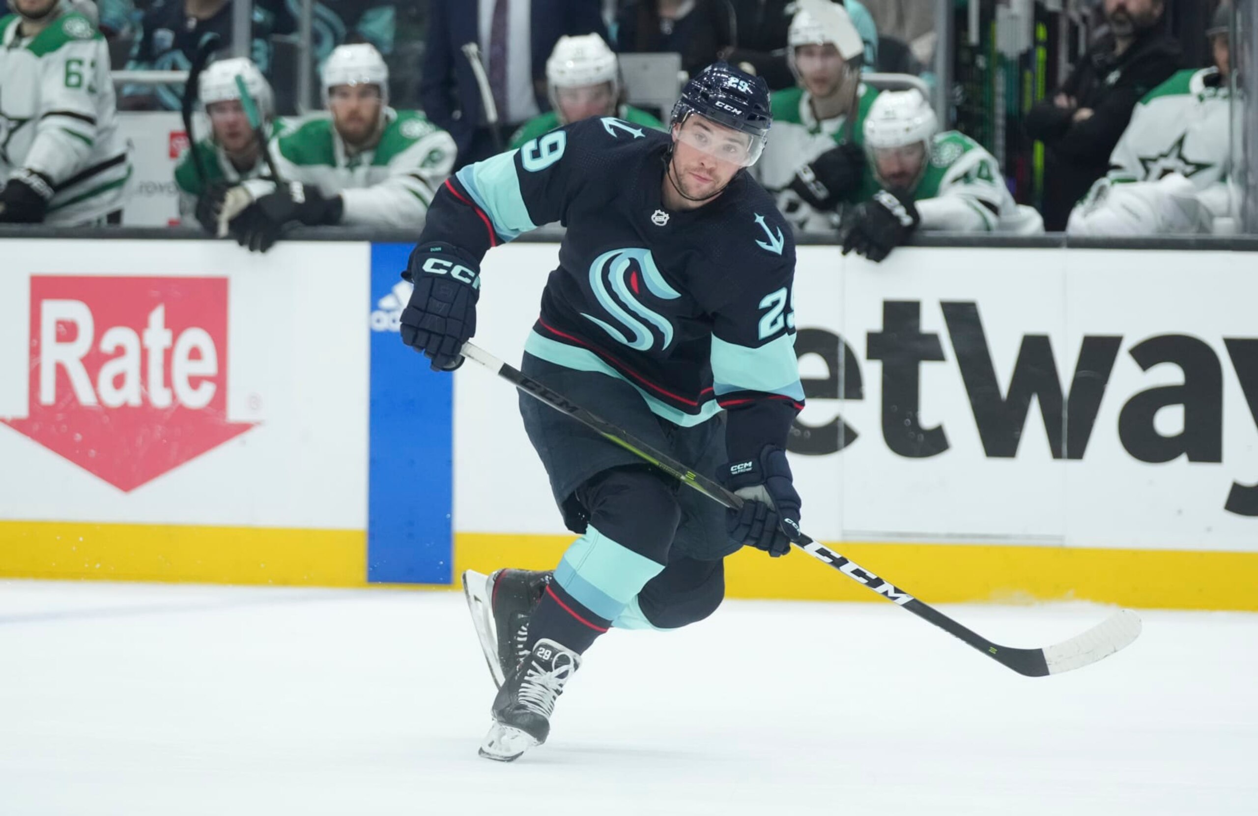SEATTLE, WA - MAY 13: Seattle Kraken defenseman Vince Dunn (29) skates during an NHL Western Conference 2nd round game 6 matchup between the Dallas Stars and the Seattle Kraken on May 13, 2023 at Climate Pledge Arena in Seattle, WA. (Photo by Jeff Halstead/Icon Sportswire via Getty Images)