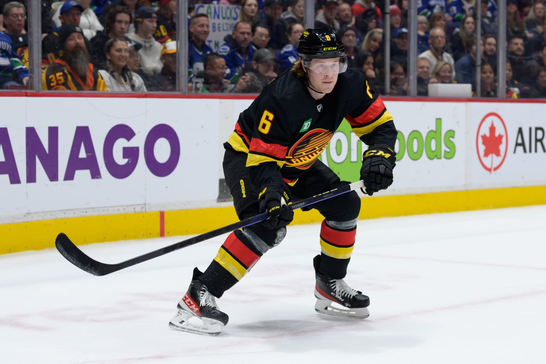 VANCOUVER, CANADA - APRIL 8: Brock Boeser #6 of the Vancouver Canucks skates up ice during the first period of their NHL game against the Calgary Flames at Rogers Arena on April 8, 2023 in Vancouver, British Columbia, Canada. (Photo by Derek Cain/Getty Images)