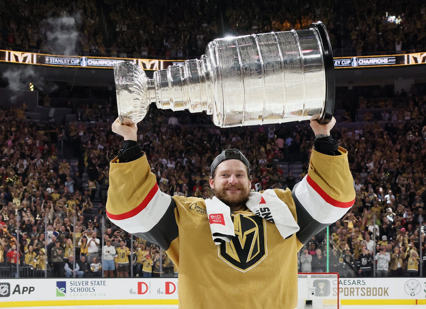 LAS VEGAS, NEVADA - JUNE 13: Adin Hill #33 of the Vegas Golden Knights celebrates the Stanley Cup victory over the Florida Panthers in Game Five of the 2023 NHL Stanley Cup Final at T-Mobile Arena on June 13, 2023 in Las Vegas, Nevada. (Photo by Bruce Bennett/Getty Images)