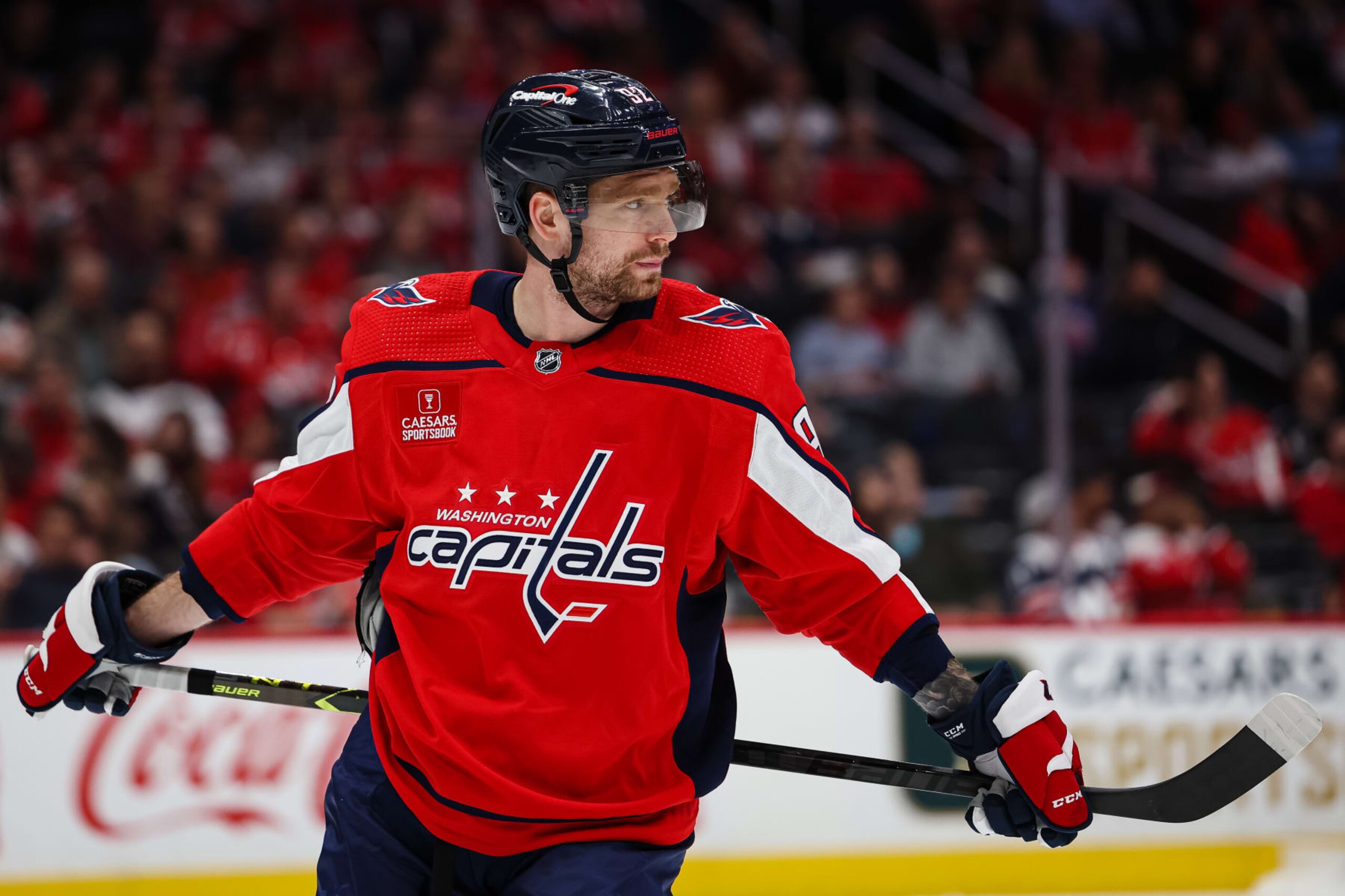 WASHINGTON, DC - APRIL 13: Evgeny Kuznetsov #92 of the Washington Capitals looks on against the New Jersey Devils during the third period of the game at Capital One Arena on April 13, 2023 in Washington, DC. (Photo by Scott Taetsch/Getty Images)