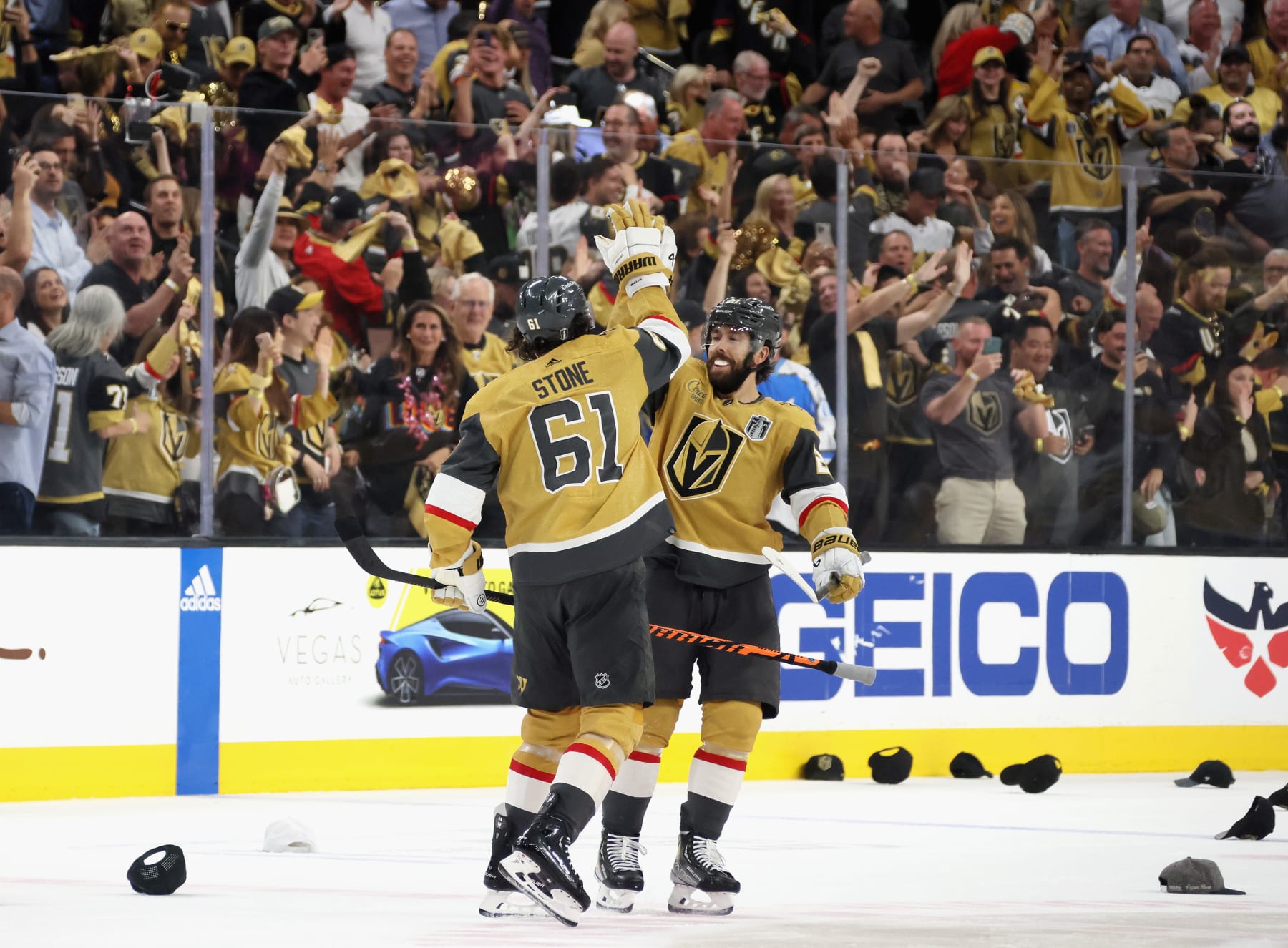 LAS VEGAS, NEVADA - JUNE 13: Mark Stone #61 of the Vegas Golden Knights celebrates his hattrick empty net goal against the Florida Panthers and is joined y Chandler Stephenson #20 in Game Five of the 2023 NHL Stanley Cup Final at T-Mobile Arena on June 13, 2023 in Las Vegas, Nevada. (Photo by Bruce Bennett/Getty Images)