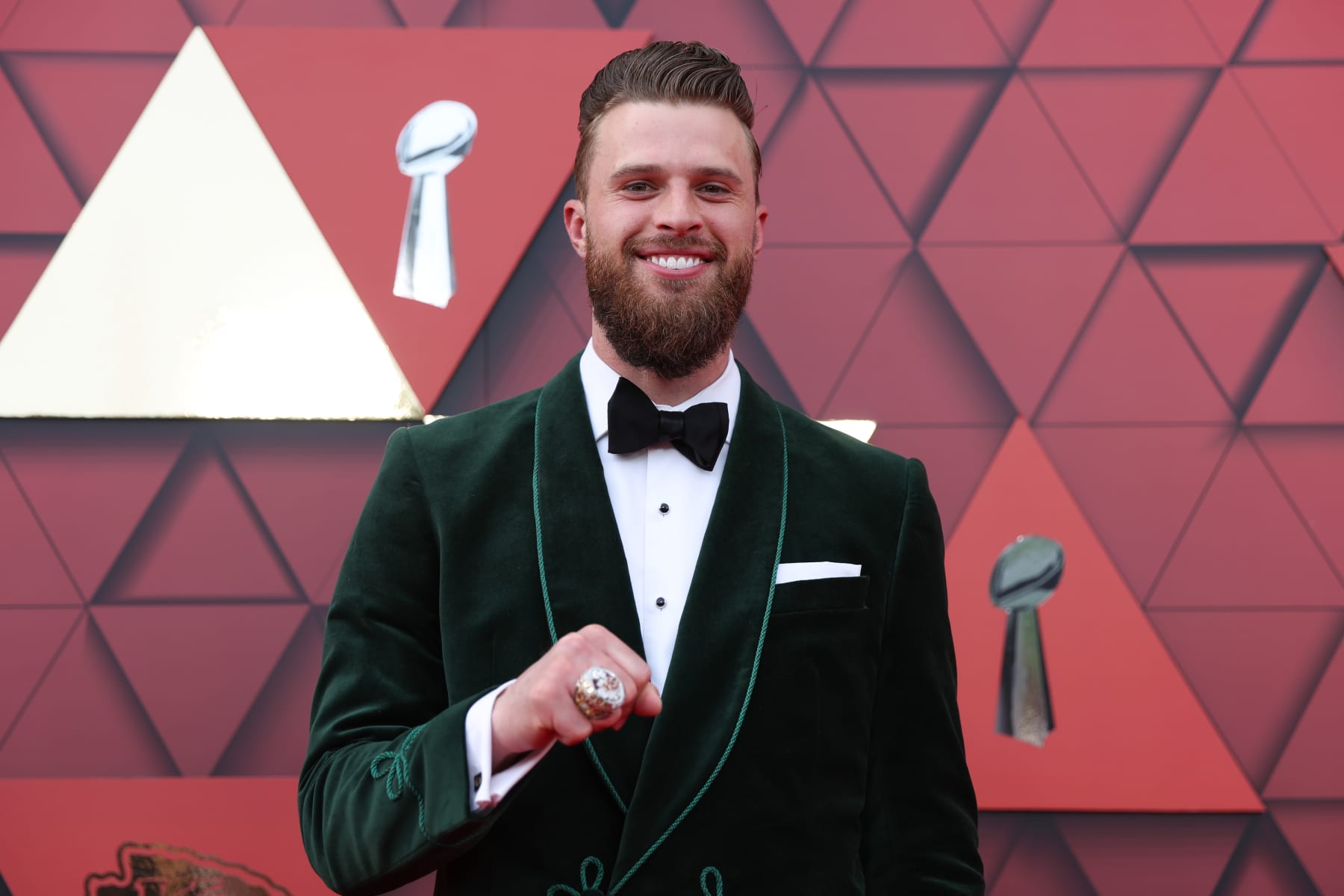 KANSAS CITY, MO - JUNE 15: Kansas City Chiefs place kicker Harrison Butker (7) shows off his LIV Super Bowl ring on the Red Carpet before the Super Bowl Championship Ring Ceremony on June 15, 2023 at Union Station in Kansas City, MO.  (Photo by Scott Winters/Icon Sportswire via Getty Images)