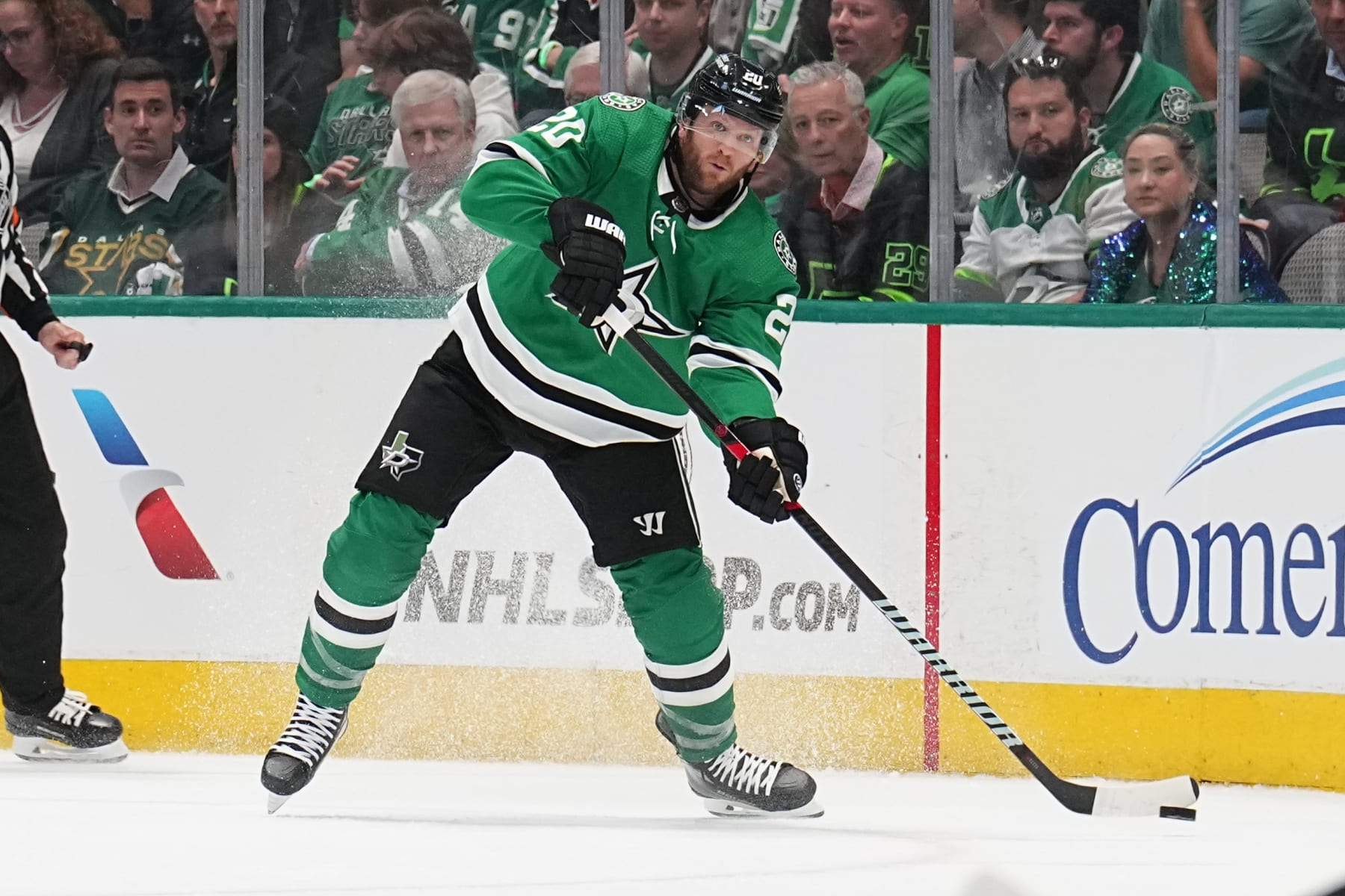 DALLAS, TX - MAY 23: Ryan Suter #20 of the Dallas Stars handles the puck against the Vegas Golden Knights in Game Three of the Conference Final of the 2023 Stanley Cup Playoffs at the American Airlines Center on May 23, 2023 in Dallas, Texas. (Photo by Glenn James/NHLI via Getty Images)