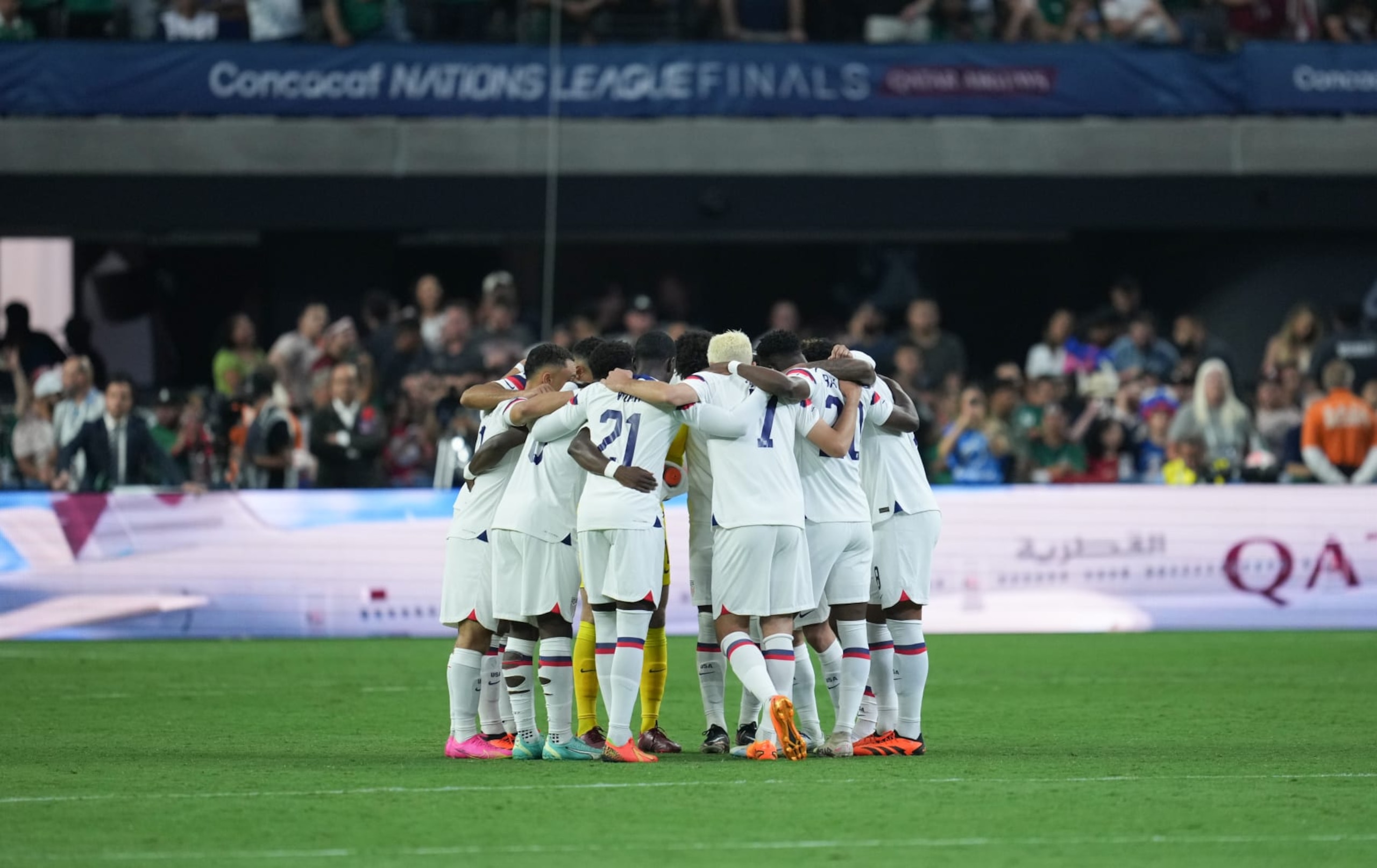 LAS VEGAS, NV - JUNE 15: USA starting eleven in a huddle during a CONCACAF Nations League game between Mexico and United States at Allegiant Stadium on June 15, 2023 in Las Vegas, Nevada. (Photo by Robin Alam/ISI Photos/Getty Images).