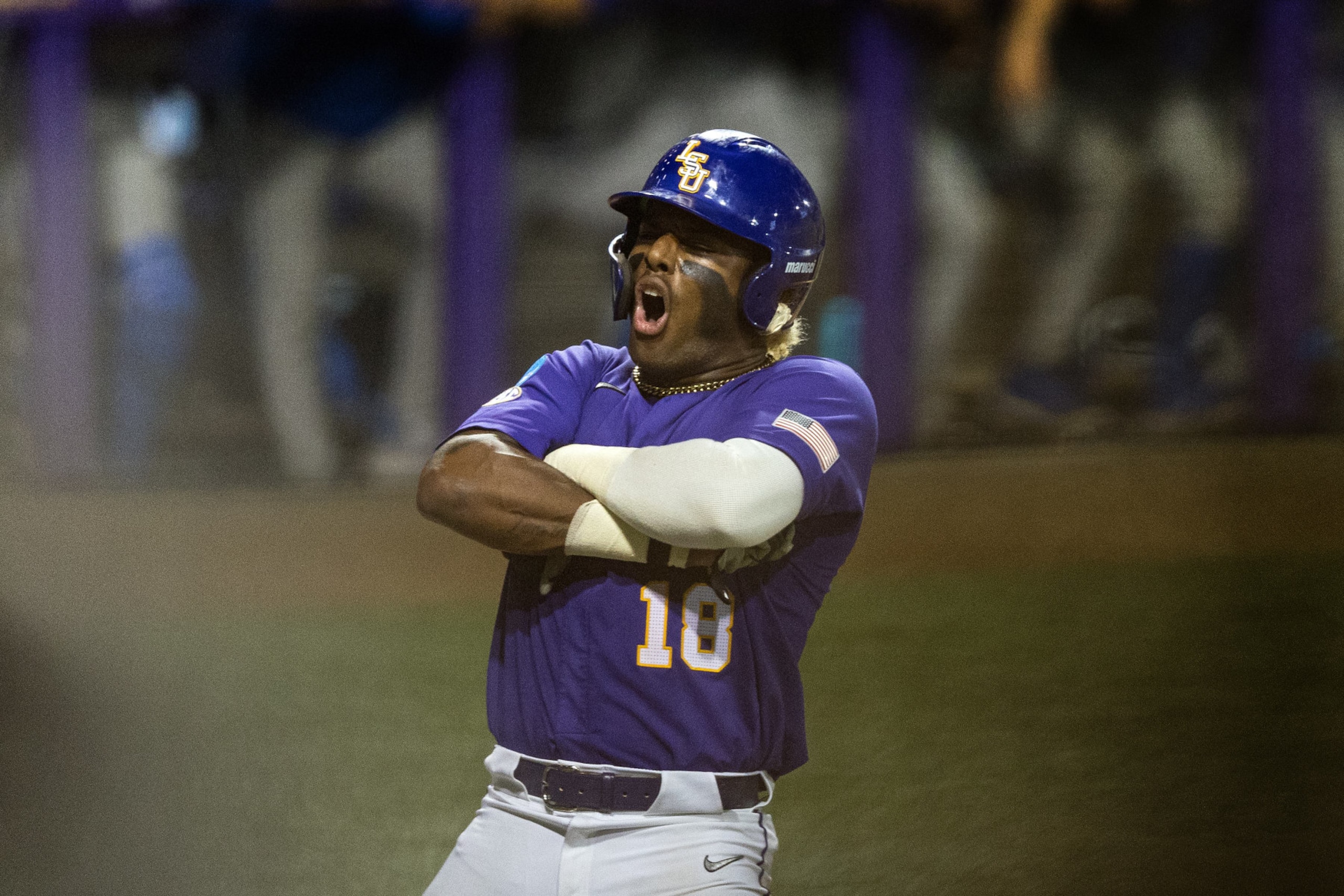 BATON ROUGE, LA - JUNE 10: LSU Tigers first baseman Tre' Morgan (18) circles the base during a game between the LSU Tigers and the Kentucky Wildcats on June 10, 2023, at Alex Box Stadium in Baton Rouge, LA. (Photo by John Korduner/Icon Sportswire via Getty Images)