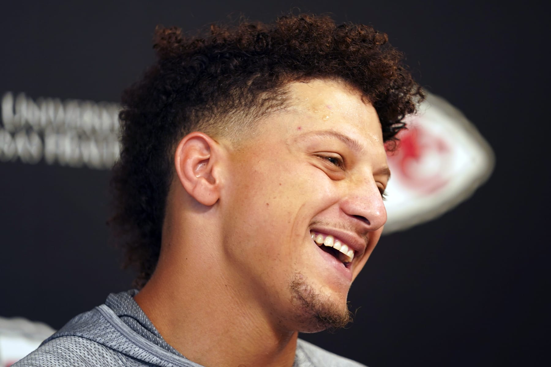 KANSAS CITY, MISSOURI - JUNE 15: Patrick Mahomes #15 of the Kansas City Chiefs speaks to the press during Chiefs Mini Camp on June 15, 2023 at Arrowhead Stadium in Kansas City, Missouri. (Photo by Kyle Rivas/Getty Images)
