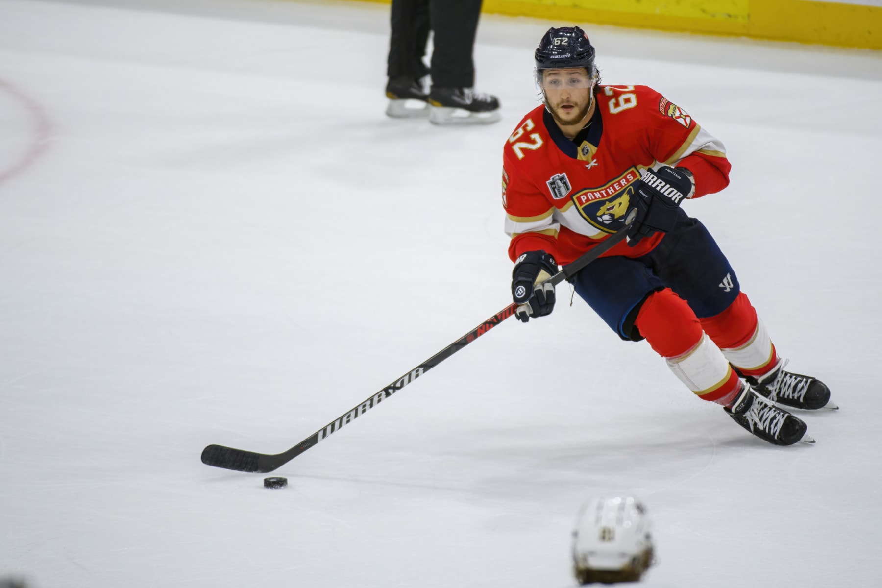 SUNRISE, FL - JUNE 10: Florida Panthers defenseman Brandon Montour (62) moves the puck during Game Four of the NHL Stanley Cup Final between the Vegas Golden Knights and the Florida Panthers on June 10, 2023 at the FLA Live Arena in Sunrise, Florida. (Photo by Doug Murray/Icon Sportswire via Getty Images)