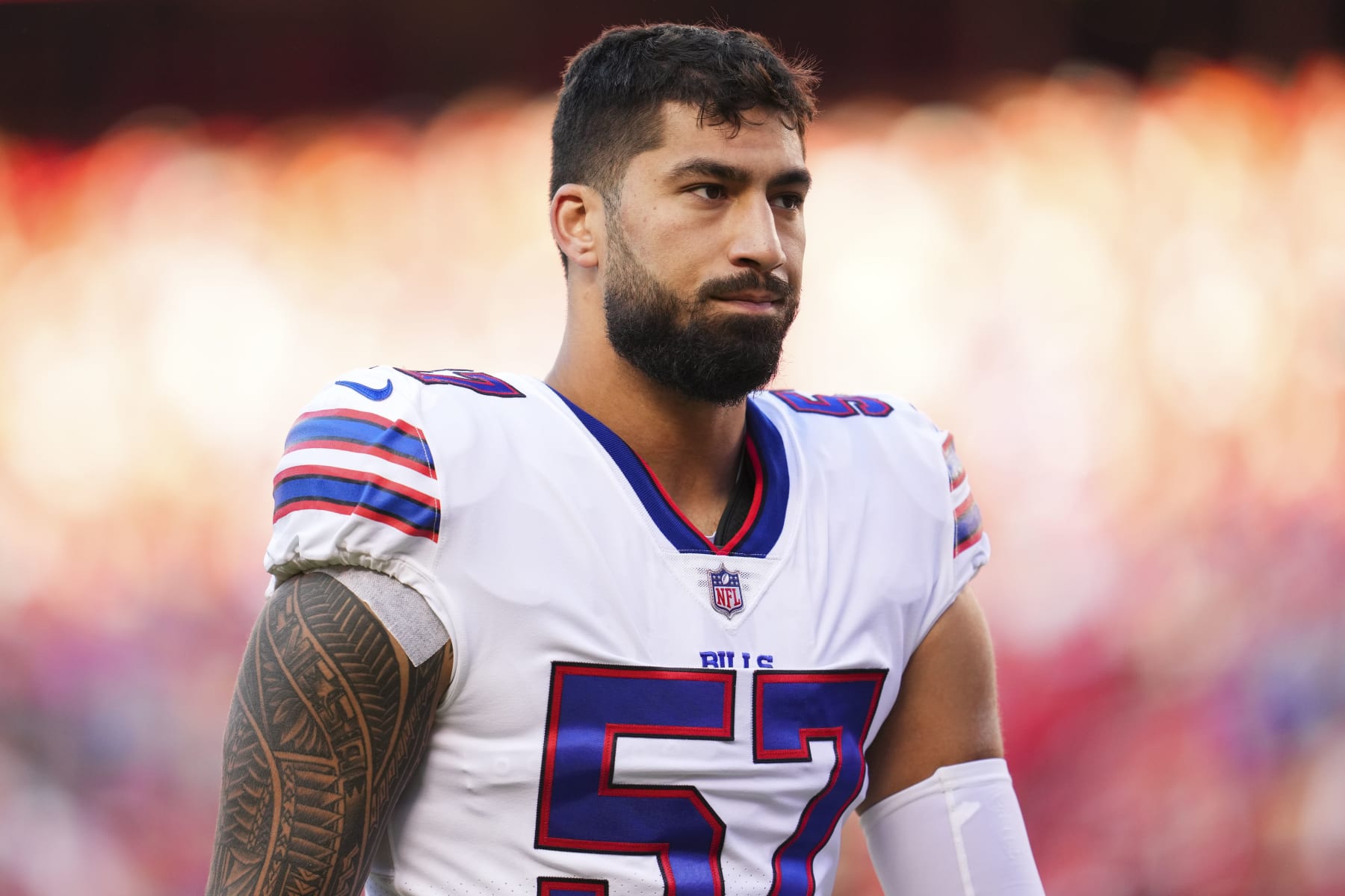 KANSAS CITY, MO - OCTOBER 16: AJ Epenesa #57 of the Buffalo Bills runs off of the field against the Kansas City Chiefs at GEHA Field at Arrowhead Stadium on October 16, 2022 in Kansas City, Missouri. (Photo by Cooper Neill/Getty Images)