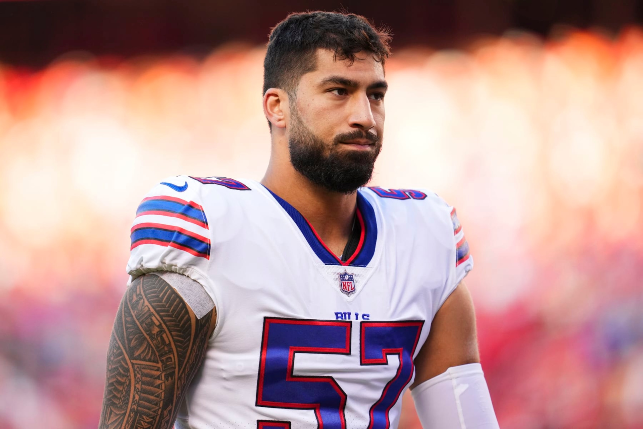 KANSAS CITY, MO - OCTOBER 16: AJ Epenesa #57 of the Buffalo Bills runs off of the field against the Kansas City Chiefs at GEHA Field at Arrowhead Stadium on October 16, 2022 in Kansas City, Missouri. (Photo by Cooper Neill/Getty Images)