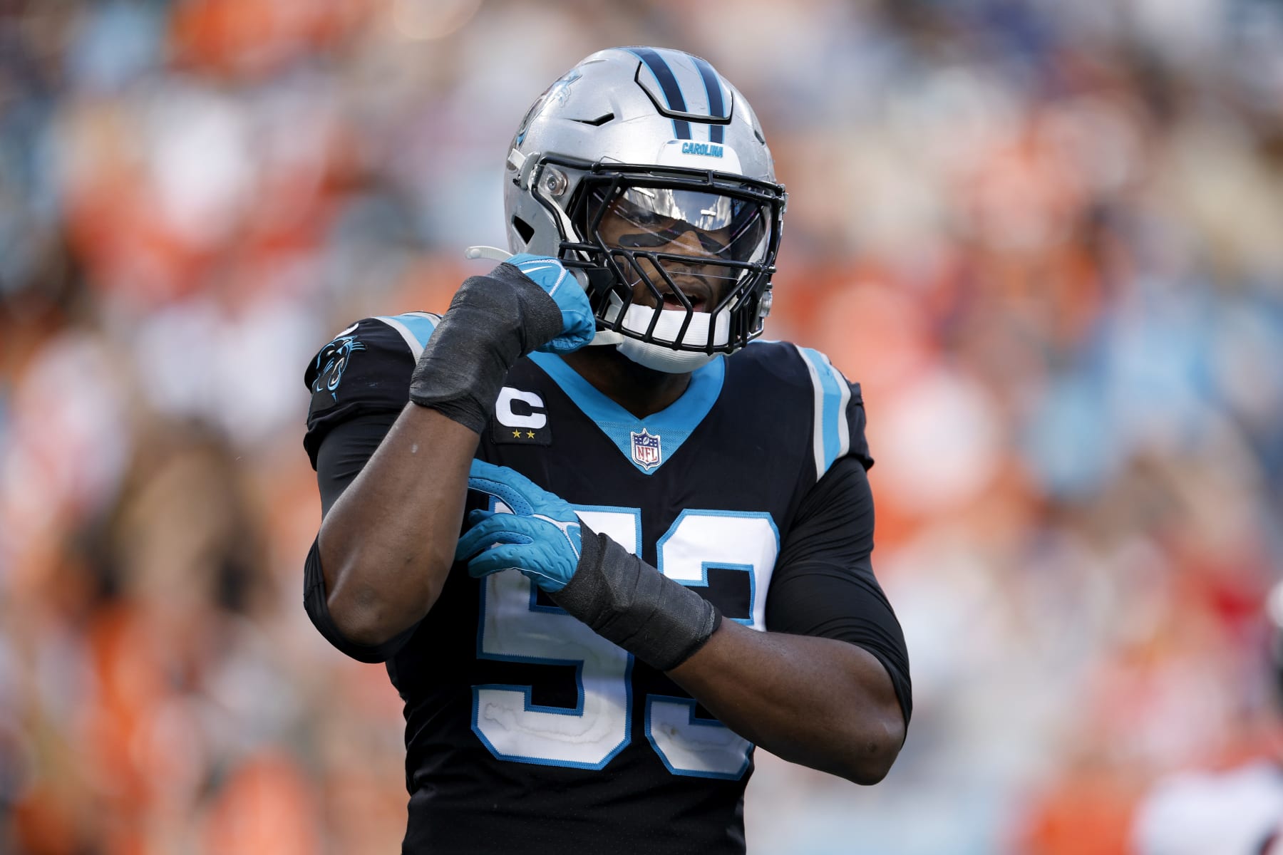 CHARLOTTE, NORTH CAROLINA - NOVEMBER 27: Brian Burns #53 of the Carolina Panthers reacts following a play during the second half of the game against the Denver Broncos at Bank of America Stadium on November 27, 2022 in Charlotte, North Carolina. (Photo by Jared C. Tilton/Getty Images)