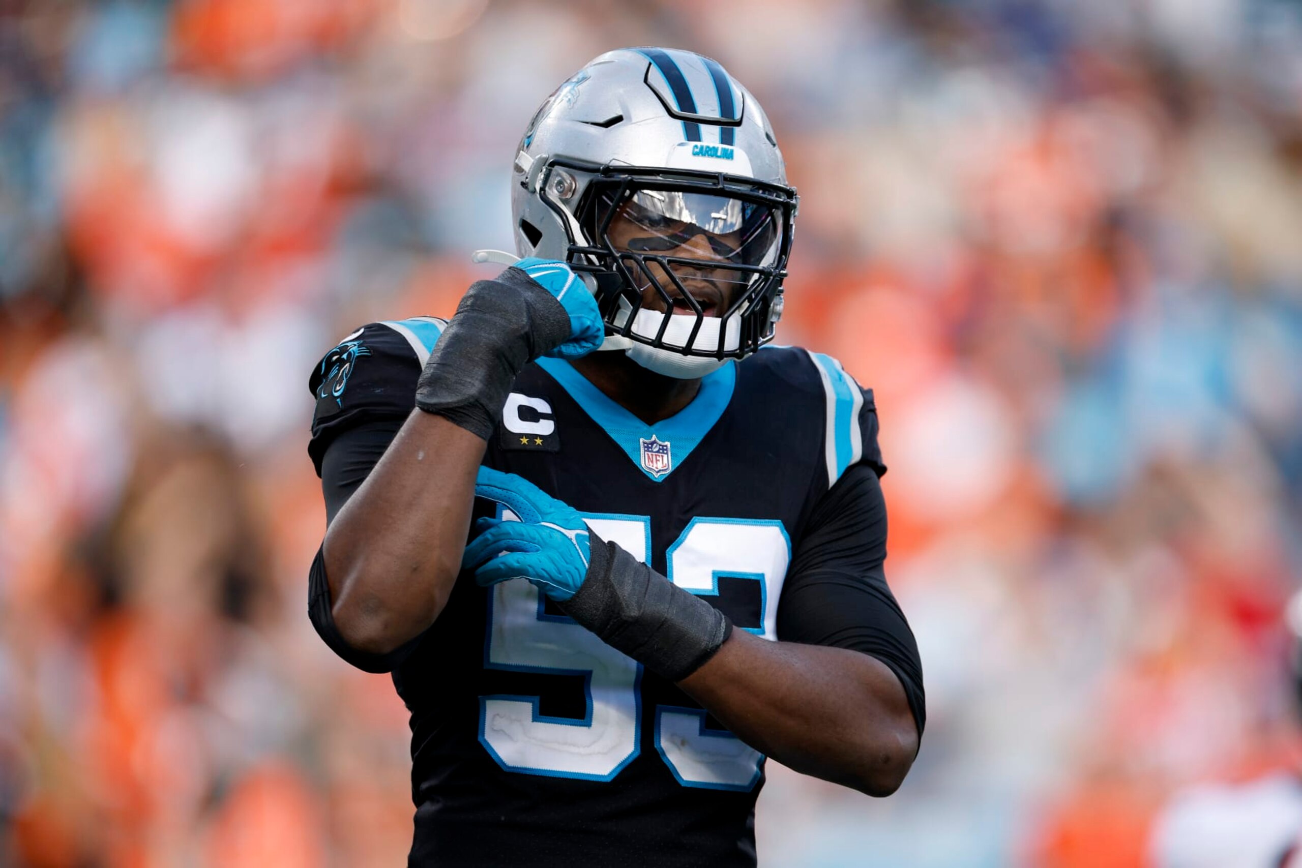 CHARLOTTE, NORTH CAROLINA - NOVEMBER 27: Brian Burns #53 of the Carolina Panthers reacts following a play during the second half of the game against the Denver Broncos at Bank of America Stadium on November 27, 2022 in Charlotte, North Carolina. (Photo by Jared C. Tilton/Getty Images)