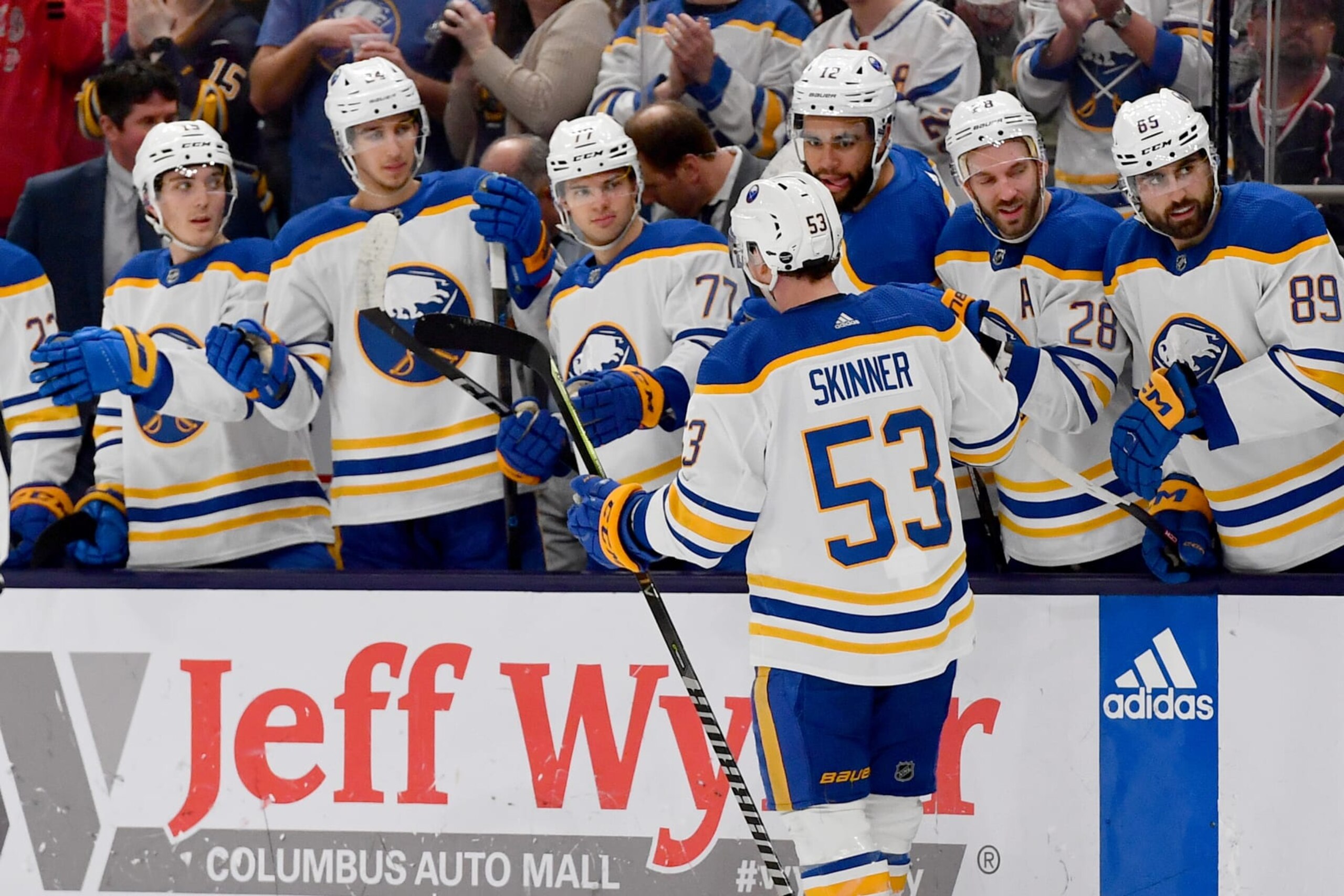 COLUMBUS, OHIO - APRIL 14: Jeff Skinner #53 of the Buffalo Sabres high-fives his teammates after scoring a goal during the second period of a game against the Columbus Blue Jackets at Nationwide Arena on April 14, 2023 in Columbus, Ohio. (Photo by Ben Jackson/NHLI via Getty Images) COLUMBUS, OHIO - APRIL 14: Jeff Skinner #53 of the Buffalo Sabres high-fives his teammates after scoring a goal during the second period of a game against the Columbus Blue Jackets at Nationwide Arena on April 14, 2023 in Columbus, Ohio. (Photo by Ben Jackson/NHLI via Getty Images)
