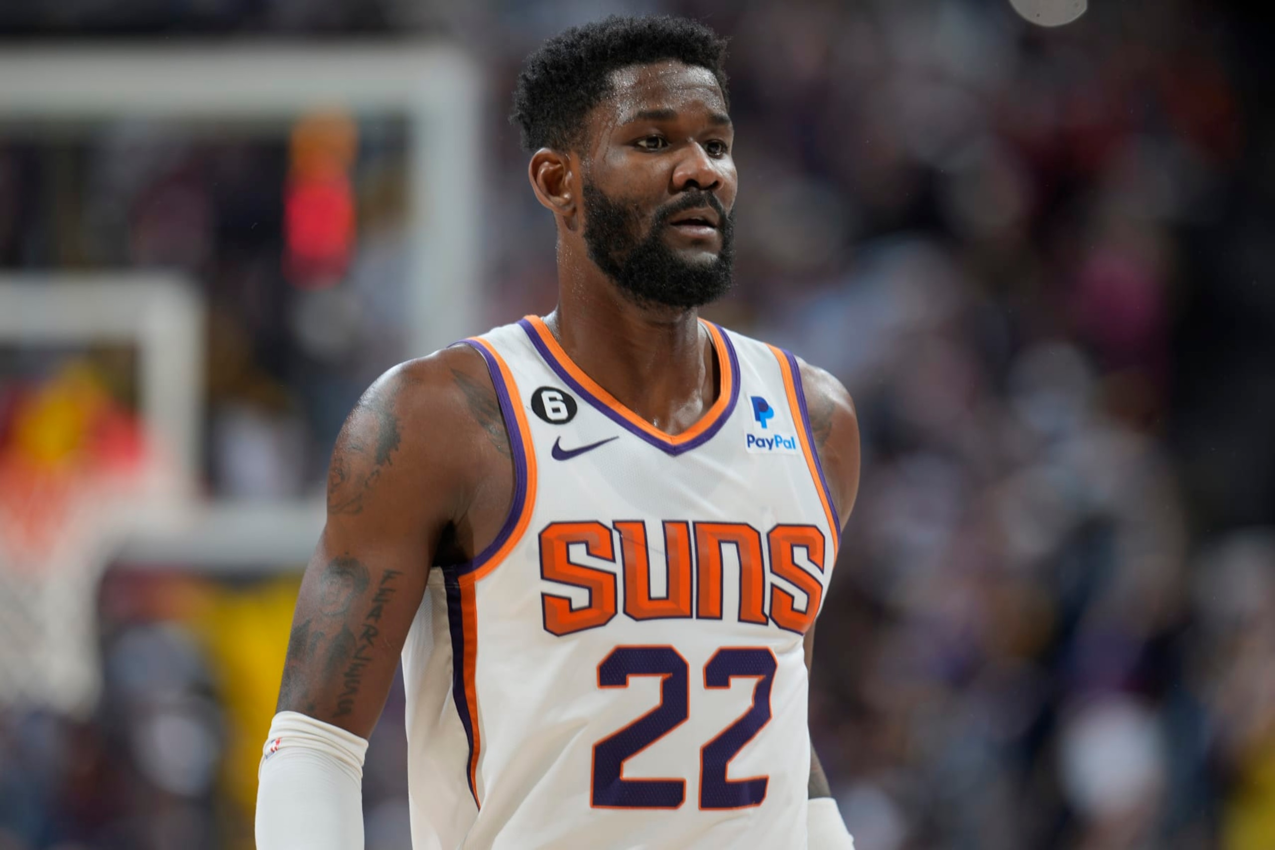 Phoenix Suns center Deandre Ayton (22) in the second half of Game 2 of an NBA second-round playoff series Monday, May 1, 2023, in Denver. (AP Photo/David Zalubowski)