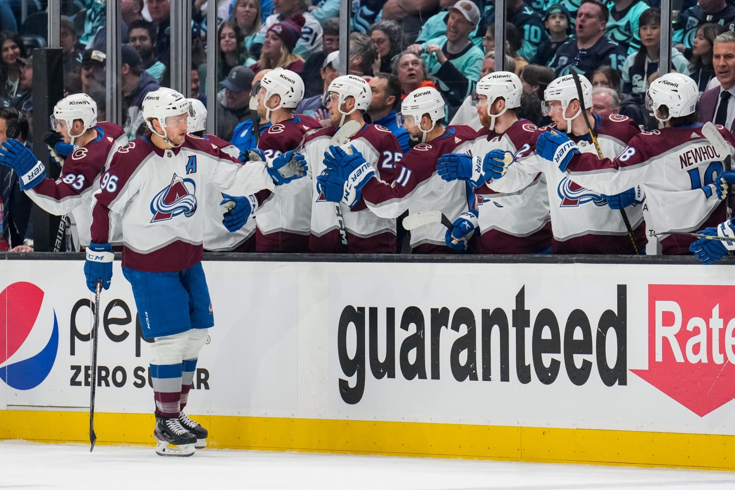 SEATTLE, WASHINGTON - APRIL 28: Mikko Rantanen #96 of the Colorado Avalanche celebrates his goal with the bench during the first period against the Seattle Kraken in Game Six of the First Round of the 2023 Stanley Cup Playoffs at Climate Pledge Arena on April 28, 2023 in Seattle, Washington. (Photo by Christopher Mast/NHLI via Getty Images) SEATTLE, WASHINGTON - APRIL 28: Mikko Rantanen #96 of the Colorado Avalanche celebrates his goal with the bench during the first period against the Seattle Kraken in Game Six of the First Round of the 2023 Stanley Cup Playoffs at Climate Pledge Arena on April 28, 2023 in Seattle, Washington. (Photo by Christopher Mast/NHLI via Getty Images)