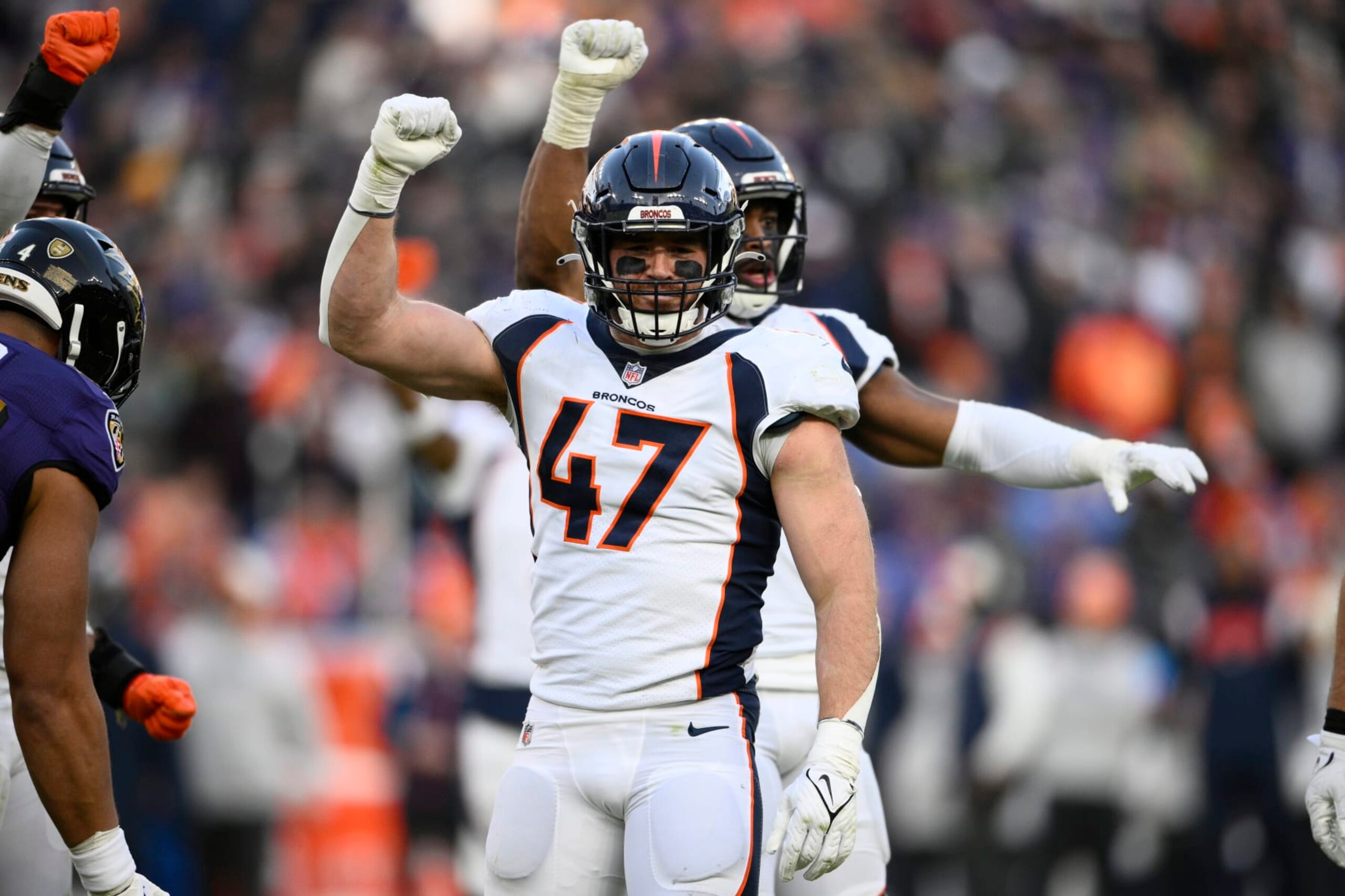 Denver Broncos linebacker Josey Jewell (47) reacts during the second half of an NFL football game against the Baltimore Ravens, Sunday, Dec. 4, 2022, in Baltimore. (AP Photo/Nick Wass)
