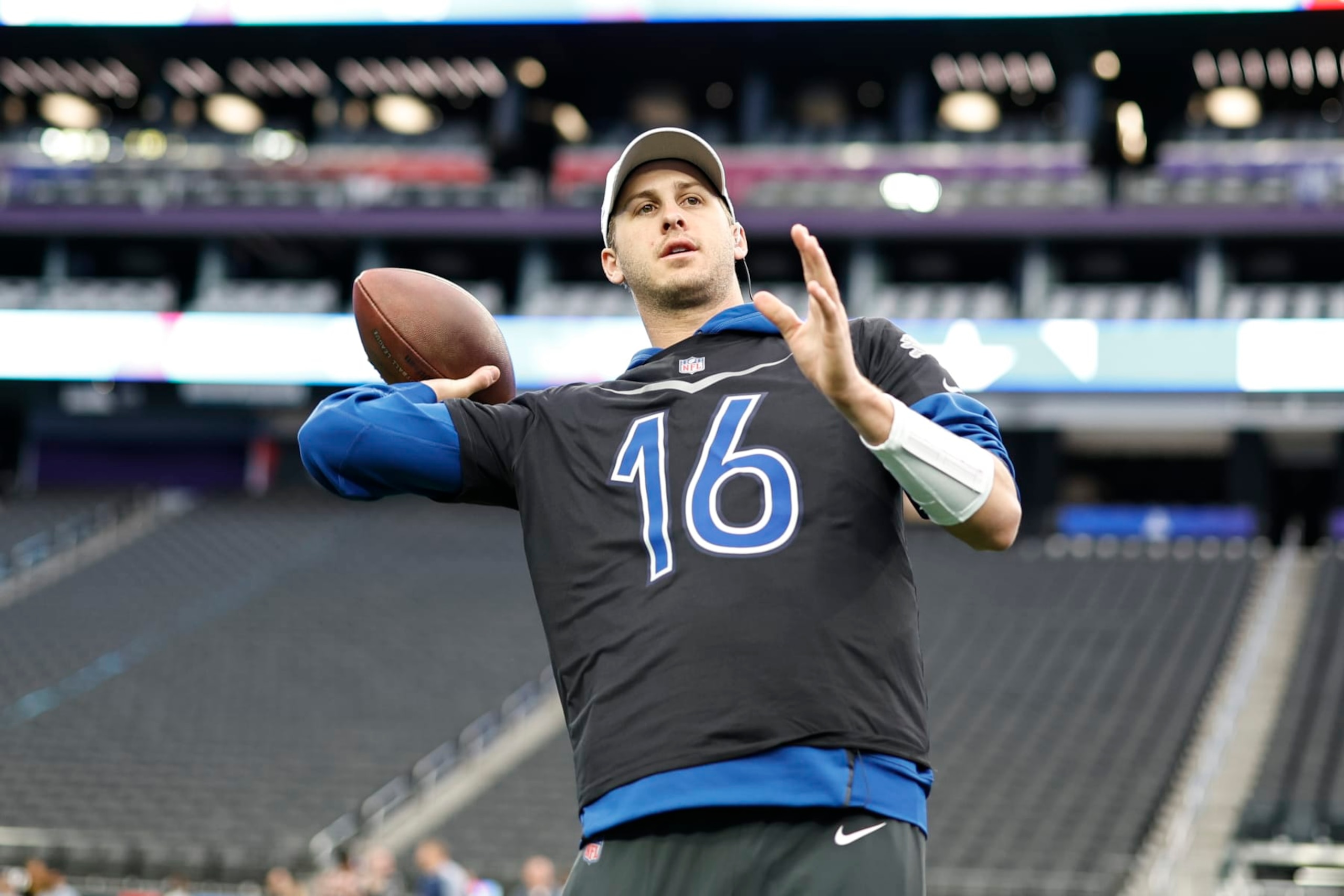 LAS VEGAS, NEVADA - FEBRUARY 04: NFC quarterback Jared Goff #16 of the Detroit Lions passes during a practice session prior to an NFL Pro Bowl football game at Allegiant Stadium on February 04, 2023 in Las Vegas, Nevada. (Photo by Michael Owens/Getty Images)