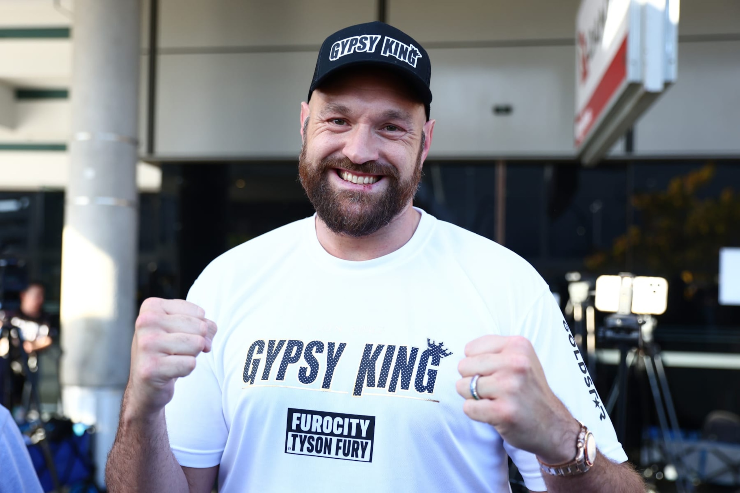 BRISBANE, AUSTRALIA - MAY 25: Tyson Fury speaks to the media at Brisbane Domestic Airport on May 25, 2023 in Brisbane, Australia. (Photo by Chris Hyde/Getty Images)