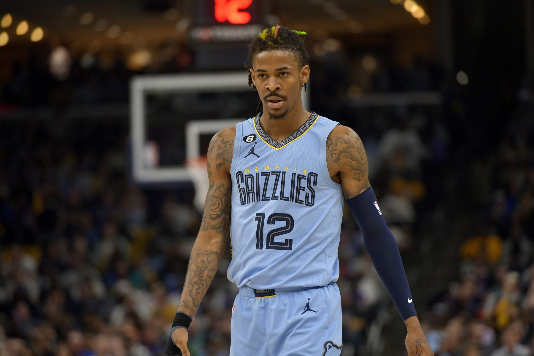 Memphis Grizzlies guard Ja Morant (12) plays during the first half of Game 5 in a first-round NBA basketball playoff series against the Los Angeles Lakers Wednesday, April 26, 2023, in Memphis, Tenn. (AP Photo/Brandon Dill)