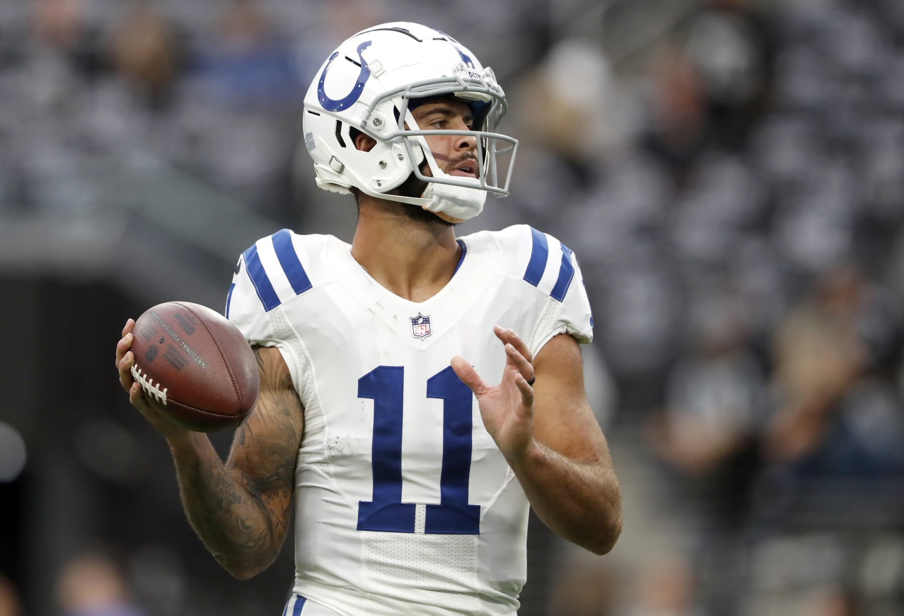 LAS VEGAS, NEVADA - NOVEMBER 13: Wide receiver Michael Pittman Jr. #11 of the Indianapolis Colts warms up before a game against the Las Vegas Raiders at Allegiant Stadium on November 13, 2022 in Las Vegas, Nevada. The Colts beat the Raiders 25-20. (Photo by Steve Marcus/Getty Images)