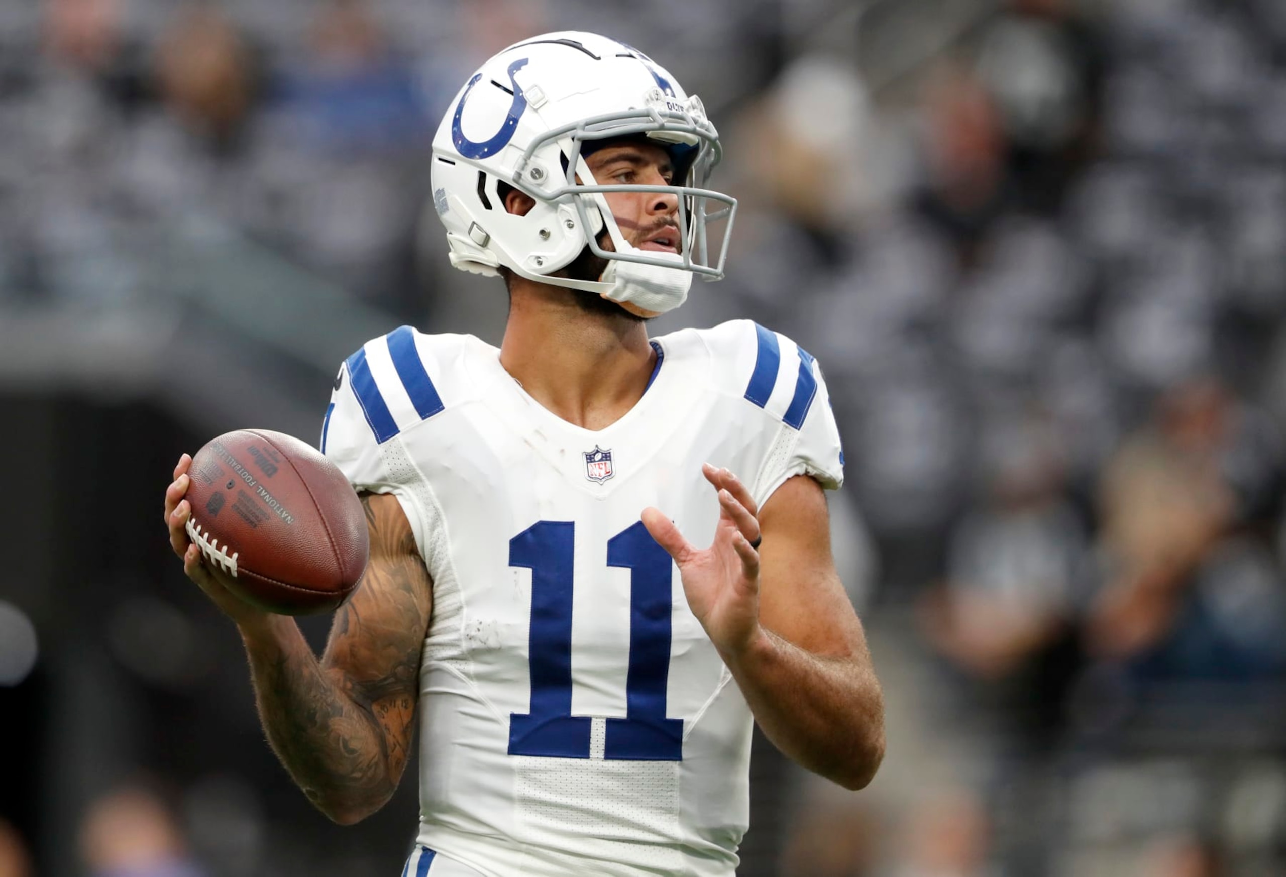 LAS VEGAS, NEVADA - NOVEMBER 13: Wide receiver Michael Pittman Jr. #11 of the Indianapolis Colts warms up before a game against the Las Vegas Raiders at Allegiant Stadium on November 13, 2022 in Las Vegas, Nevada. The Colts beat the Raiders 25-20. (Photo by Steve Marcus/Getty Images)