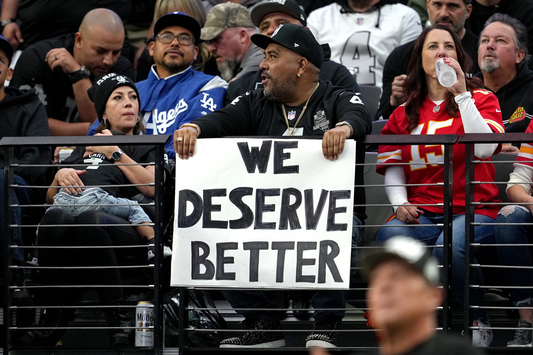 LAS VEGAS, NEVADA - JANUARY 07: A Las Vegas Raiders fan looks on against the Kansas City Chiefs during the first half of the game at Allegiant Stadium on January 07, 2023 in Las Vegas, Nevada. (Photo by Jeff Bottari/Getty Images)