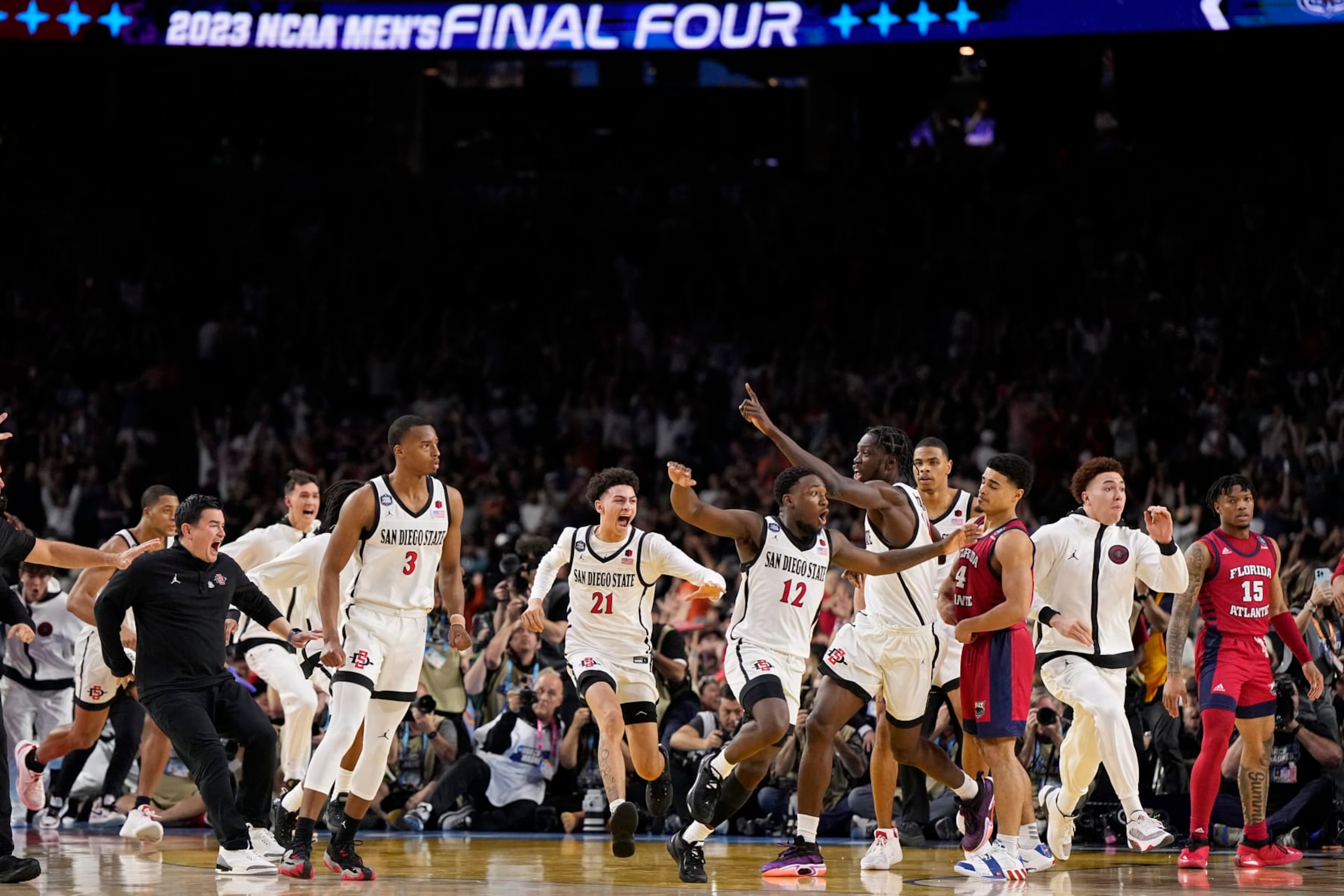 San Diego State reacts after their win against Florida Atlantic in a Final Four college basketball game in the NCAA Tournament on Saturday, April 1, 2023, in Houston. (AP Photo/Brynn Anderson)