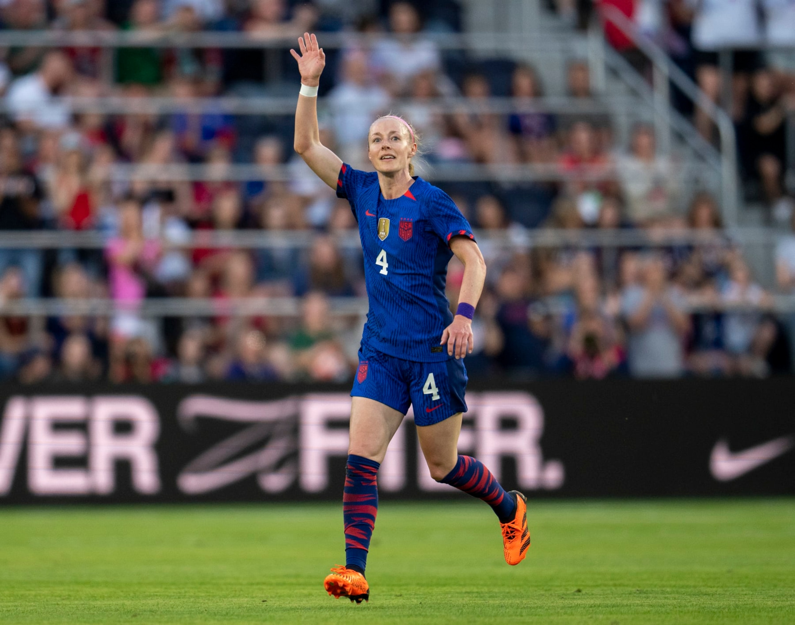 ST LOUIS, MO - APRIL 11: Becky Sauerbrunn #4 of the United States celebrates her 200th cap during a game between the Republic of Ireland and the USWNT at CITYPARK on April 11, 2023 in St Louis, Missouri. (Photo by Brad Smith/USSF/Getty Images)