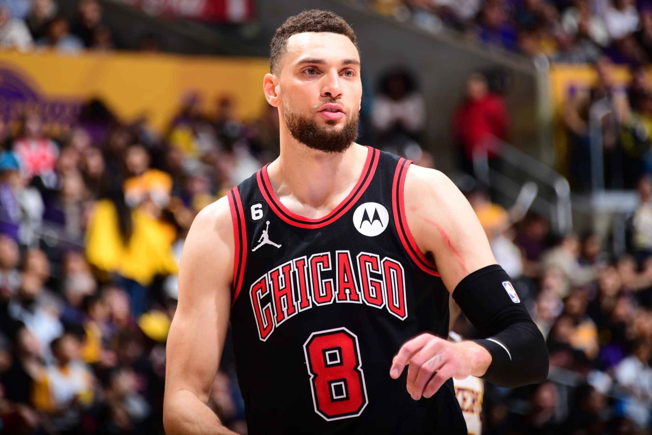 LOS ANGELES, CA - MARCH 26: Zach LaVine #8 of the Chicago Bulls looks on during the game against the Los Angeles Lakers on March 26, 2023 at Crypto.Com Arena in Los Angeles, California. NOTE TO USER: User expressly acknowledges and agrees that, by downloading and/or using this Photograph, user is consenting to the terms and conditions of the Getty Images License Agreement. Mandatory Copyright Notice: Copyright 2023 NBAE (Photo by Adam Pantozzi/NBAE via Getty Images)
