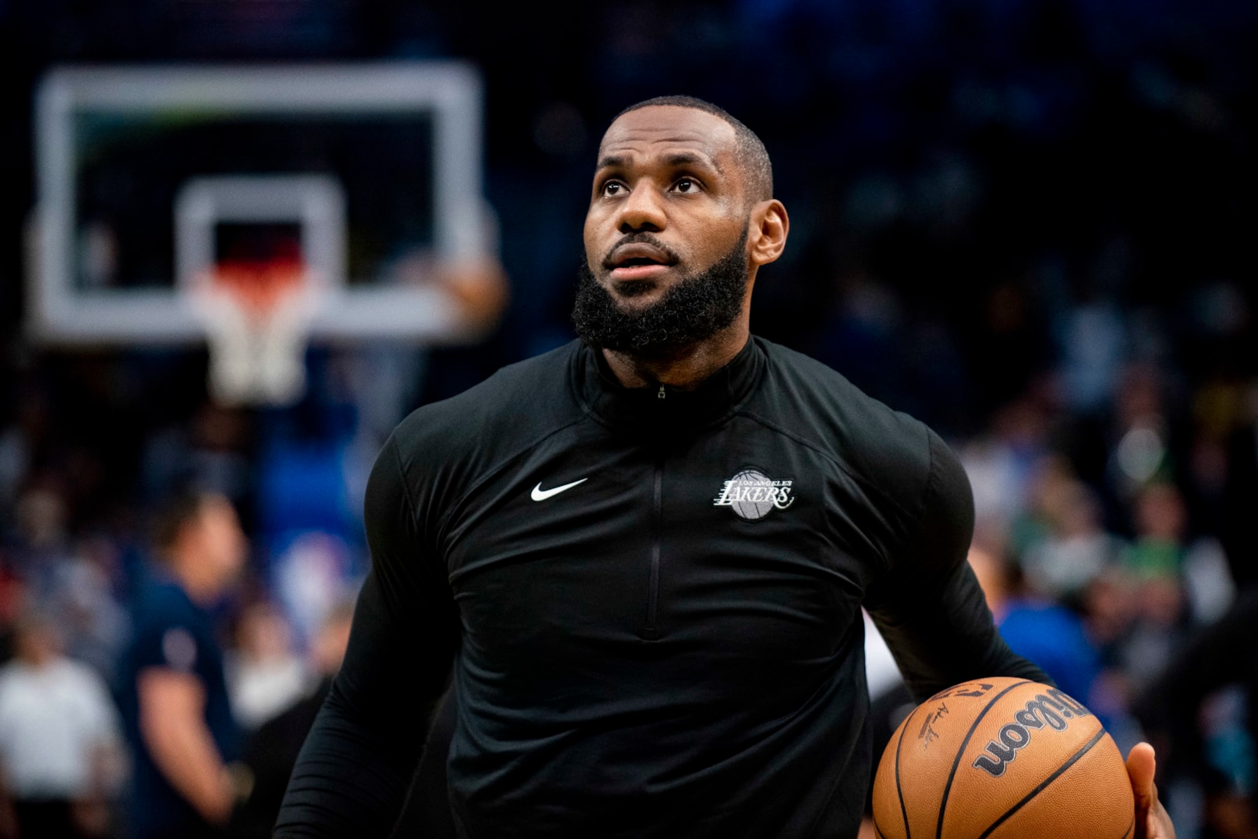 Los Angeles Lakers forward LeBron James (6) warms up prior to the start of an NBA basketball game against the Dallas Mavericks in Dallas, Sunday, Dec. 25, 2022. (AP Photo/Emil T. Lippe)