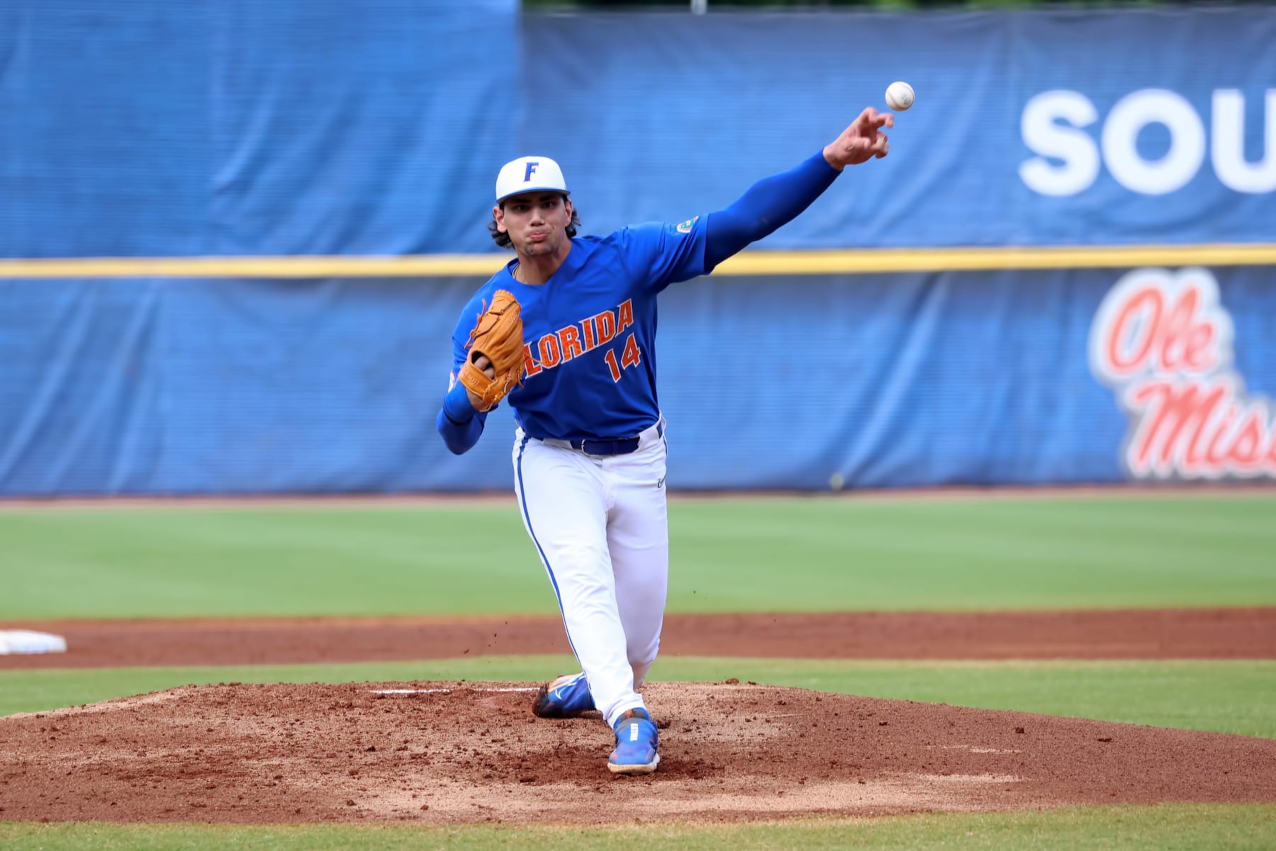 HOOVER, AL - MAY 27: Florida Gators pitcher Jac Caglianone (14) during the 2023 SEC Baseball Tournament game between the Florida Gators and the Vanderbilt Commodores on May 27, 2023 at Hoover Metropolitan Stadium in Hoover, Alabama.  (Photo by Michael Wade/Icon Sportswire via Getty Images)