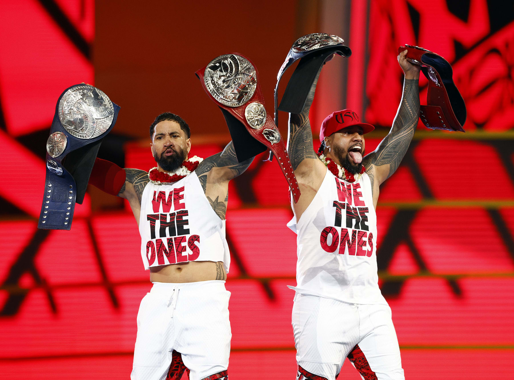 INGLEWOOD, CALIFORNIA - APRIL 01: The Usos during WrestleMania Goes Hollywood at SoFi Stadium on April 01, 2023 in Inglewood, California. (Photo by Ronald Martinez/Getty Images)