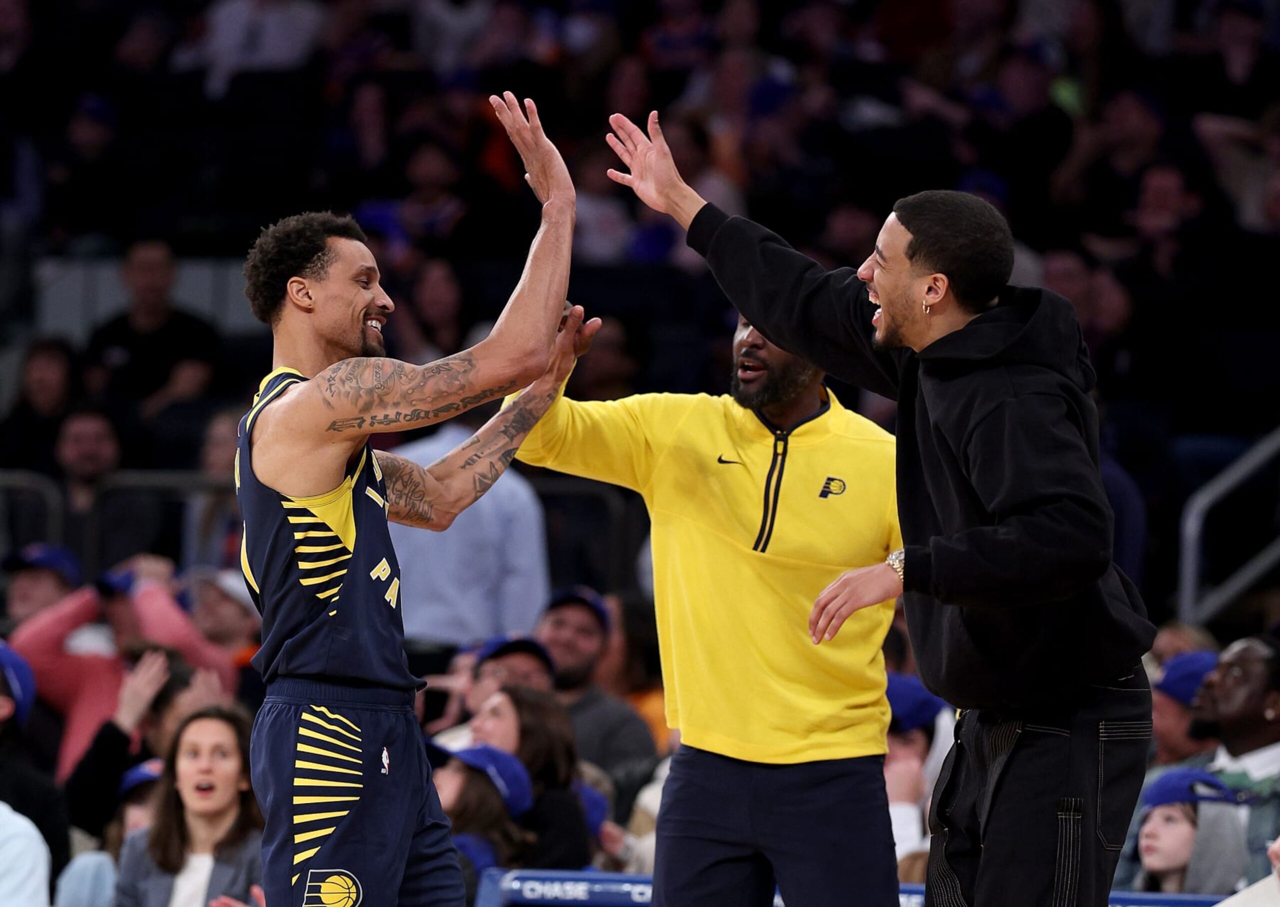 NEW YORK, NEW YORK - APRIL 09:  George Hill #7 of the Indiana Pacers is congratulated after he sunk a three at the buzzer signaling the end of the first quarter against the New York Knicks at Madison Square Garden on April 09, 2023 in New York City. NOTE TO USER: User expressly acknowledges and agrees that, by downloading and or using this photograph, User is consenting to the terms and conditions of the Getty Images License Agreement. (Photo by Elsa/Getty Images)