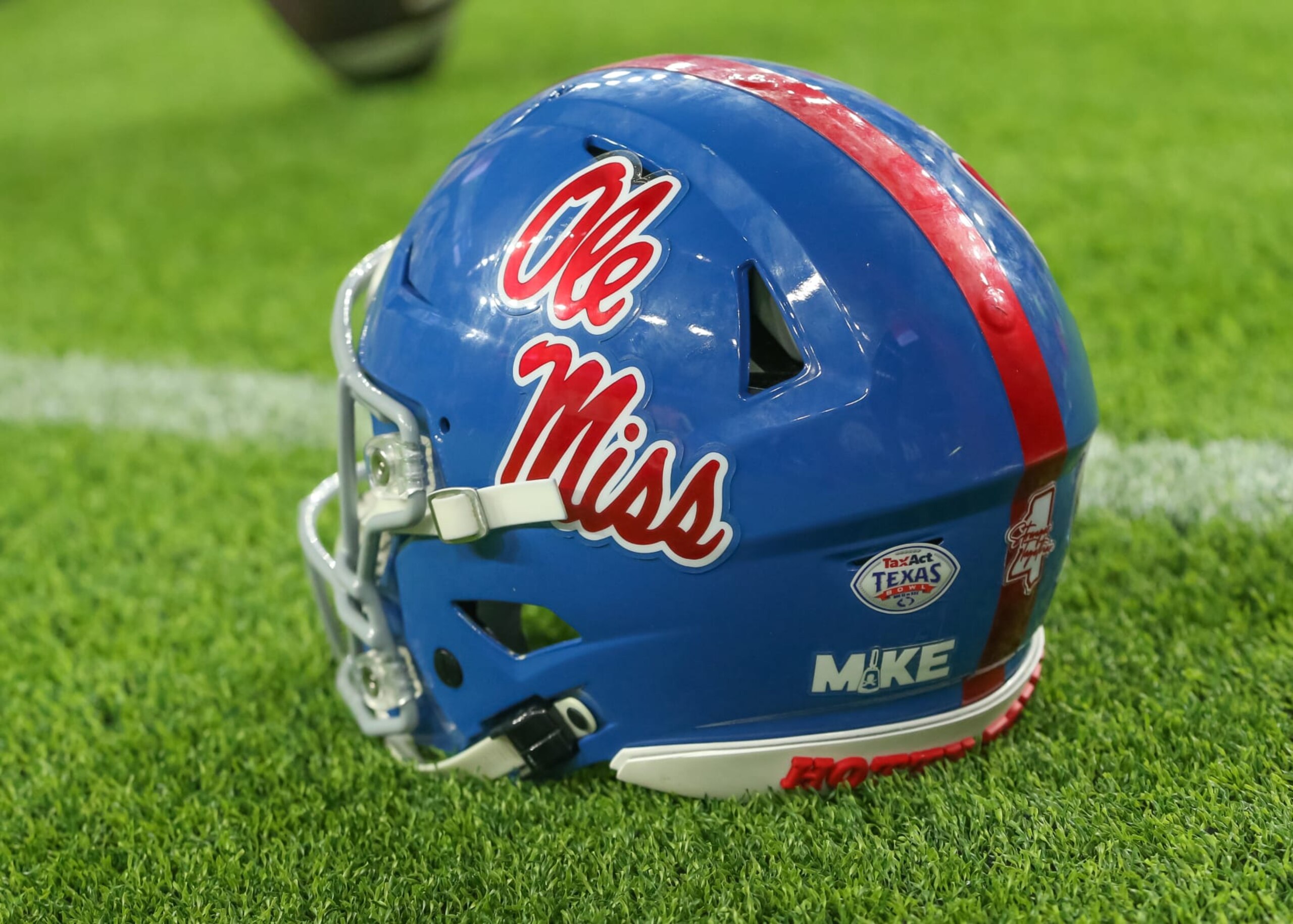 HOUSTON, TX - DECEMBER 28: Ole Miss Rebels helmet rests on the sidelines during the TaxAct Texas Bowl between the Texas Tech Red Raiders and Ole Miss Rebels on December 28, 2022 at NRG Stadium in Houston, Texas. (Photo by Leslie Plaza Johnson/Icon Sportswire via Getty Images) HOUSTON, TX - DECEMBER 28: Ole Miss Rebels helmet rests on the sidelines during the TaxAct Texas Bowl between the Texas Tech Red Raiders and Ole Miss Rebels on December 28, 2022 at NRG Stadium in Houston, Texas. (Photo by Leslie Plaza Johnson/Icon Sportswire via Getty Images)
