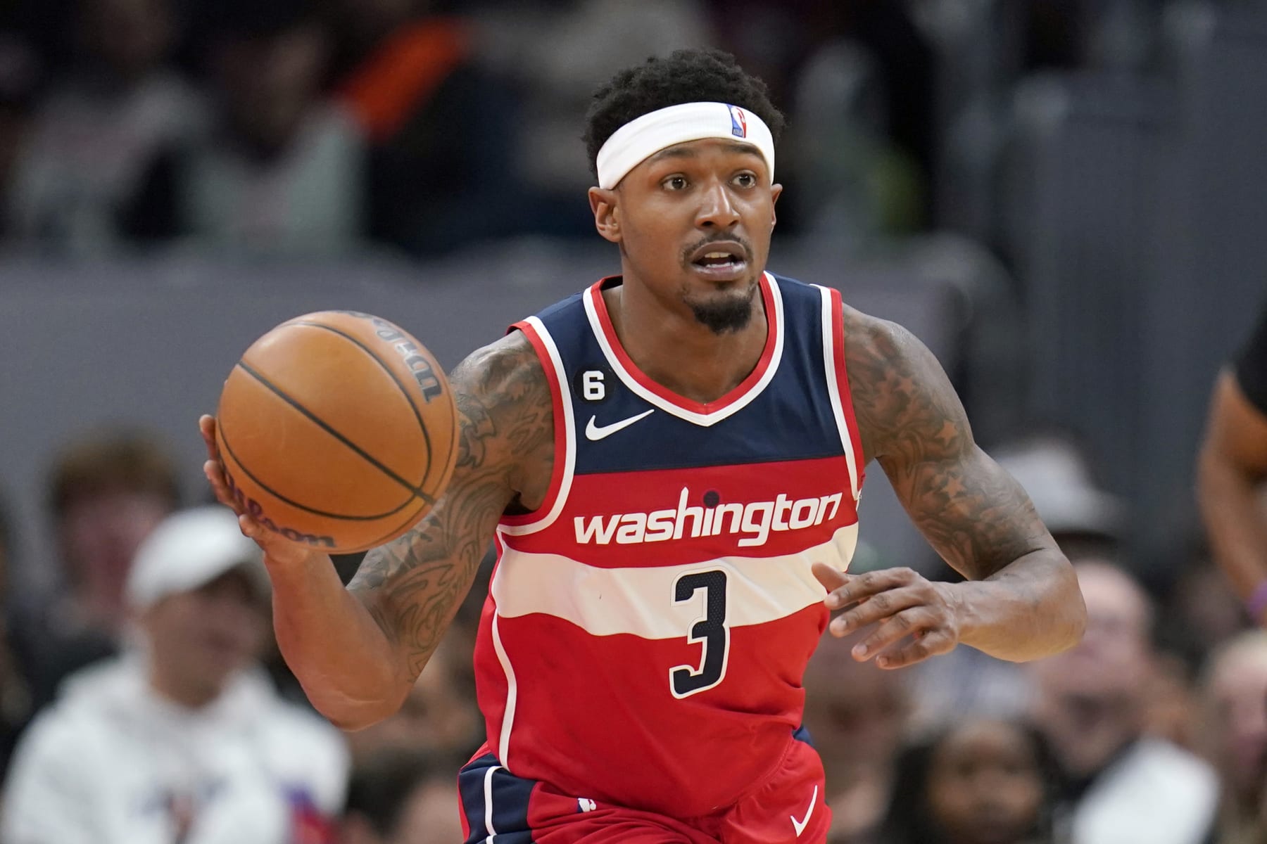 WASHINGTON, DC - FEBRUARY 24: Bradley Beal #3 of the Washington Wizards dribbles during the game against the New York Knicks at Capital One Arena on February 24, 2023 in Washington, DC. NOTE TO USER: User expressly acknowledges and agrees that, by downloading and or using this photograph, User is consenting to the terms and conditions of the Getty Images License Agreement. (Photo by Jess Rapfogel/Getty Images)