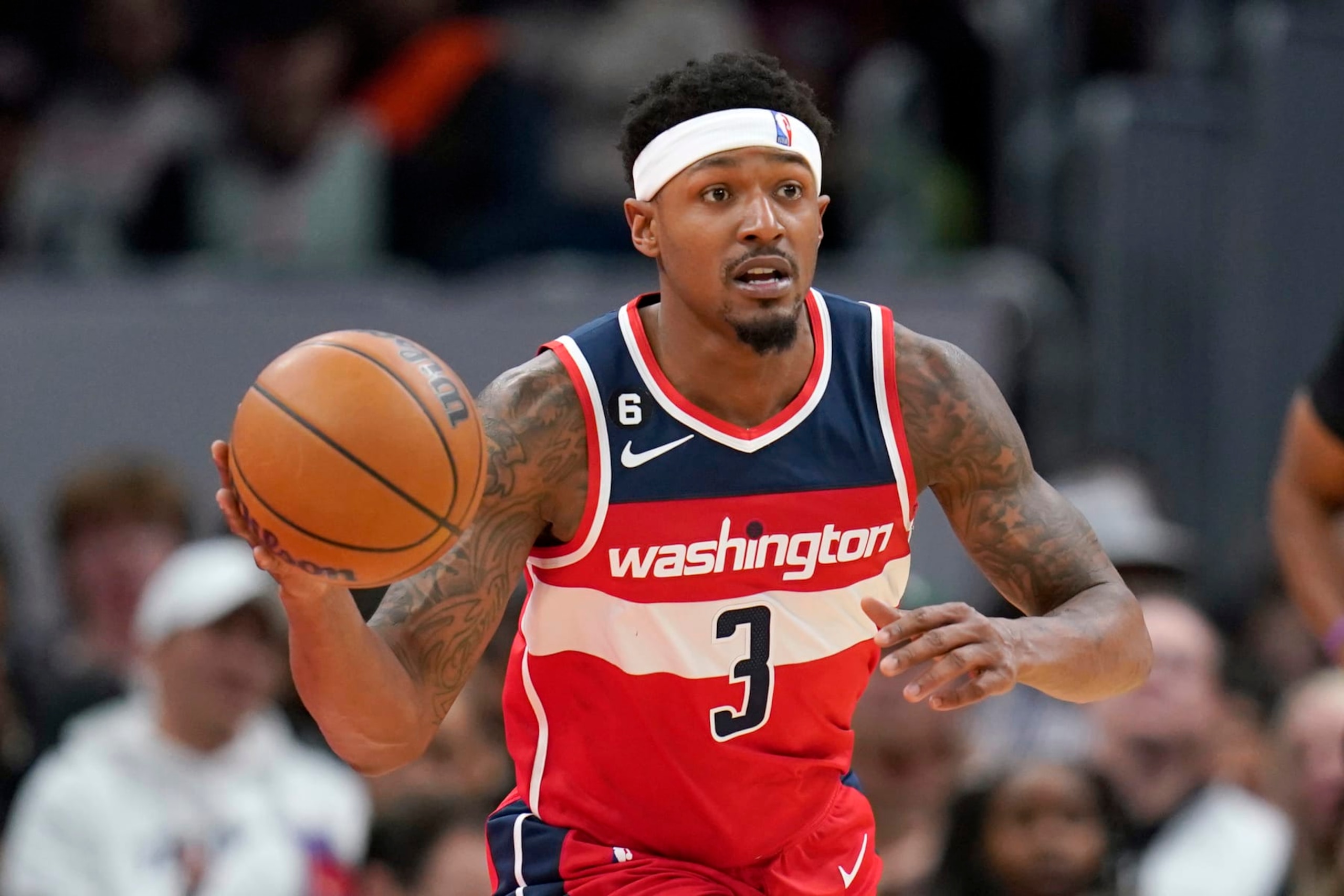 WASHINGTON, DC - FEBRUARY 24: Bradley Beal #3 of the Washington Wizards dribbles during the game against the New York Knicks at Capital One Arena on February 24, 2023 in Washington, DC. NOTE TO USER: User expressly acknowledges and agrees that, by downloading and or using this photograph, User is consenting to the terms and conditions of the Getty Images License Agreement. (Photo by Jess Rapfogel/Getty Images)