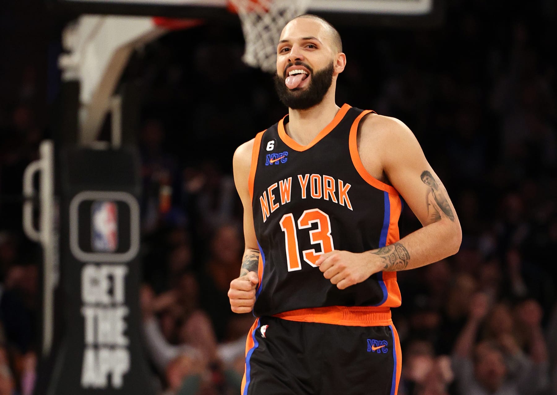 NEW YORK, NEW YORK - FEBRUARY 05:  Evan Fournier #13 of the New York Knicks celebrates his three point shot in the second half against the Philadelphia 76ers at Madison Square Garden on February 05, 2023 in New York City. The New York Knicks defeated the Philadelphia 76ers 108-97. NOTE TO USER: User expressly acknowledges and agrees that, by downloading and or using this photograph, User is consenting to the terms and conditions of the Getty Images License Agreement. (Photo by Elsa/Getty Images)