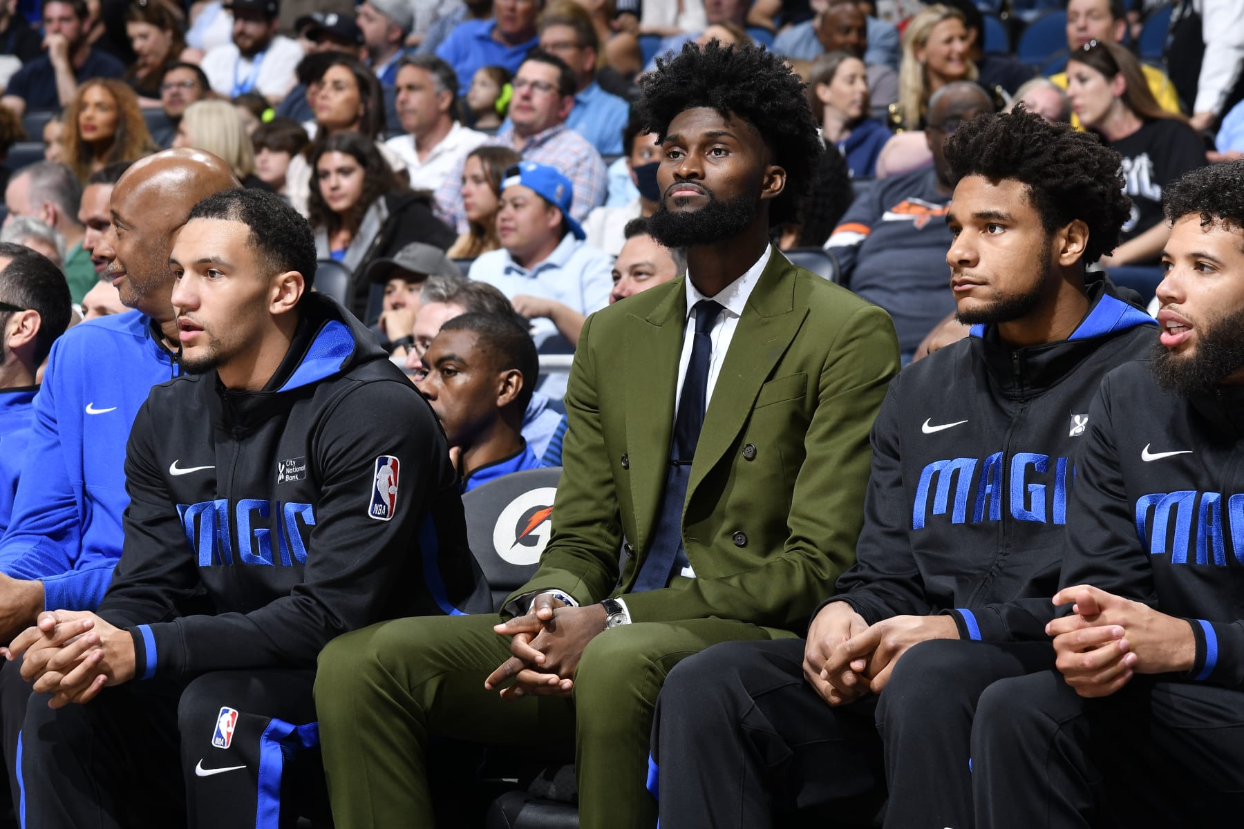 ORLANDO, FL - APRIL 2: Jonathan Isaac #1 of the Orlando Magic looks on from the bench during the game against the Detroit Pistons on April 2, 2023 at Amway Center in Orlando, Florida. NOTE TO USER: User expressly acknowledges and agrees that, by downloading and or using this photograph, User is consenting to the terms and conditions of the Getty Images License Agreement. Mandatory Copyright Notice: Copyright 2023 NBAE (Photo by Fernando Medina/NBAE via Getty Images)