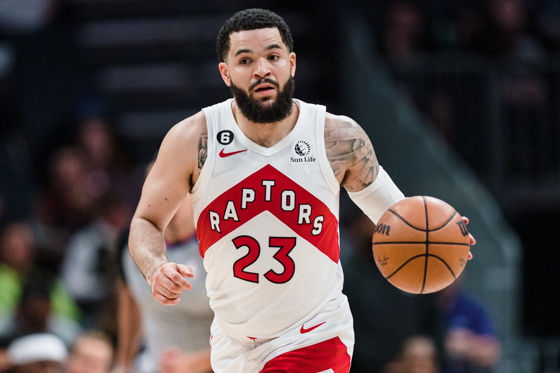 CHARLOTTE, NORTH CAROLINA - APRIL 02: Fred VanVleet #23 of the Toronto Raptors brings the ball up court in the third quarter against the Charlotte Hornets during their game at Spectrum Center on April 02, 2023 in Charlotte, North Carolina. NOTE TO USER: User expressly acknowledges and agrees that, by downloading and or using this photograph, User is consenting to the terms and conditions of the Getty Images License Agreement. (Photo by Jacob Kupferman/Getty Images)