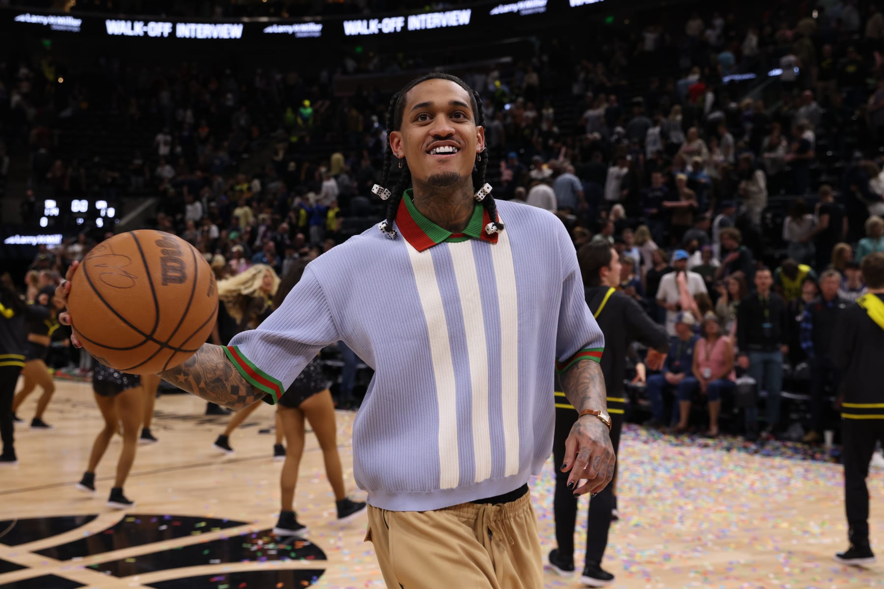 SALT LAKE CITY, UT - APRIL 8: Jordan Clarkson #00 of the Utah Jazz smiles after the game against the Denver Nuggets on April 8, 2023 at vivint.SmartHome Arena in Salt Lake City, Utah. NOTE TO USER: User expressly acknowledges and agrees that, by downloading and or using this Photograph, User is consenting to the terms and conditions of the Getty Images License Agreement. Mandatory Copyright Notice: Copyright 2023 NBAE (Photo by Melissa Majchrzak/NBAE via Getty Images)