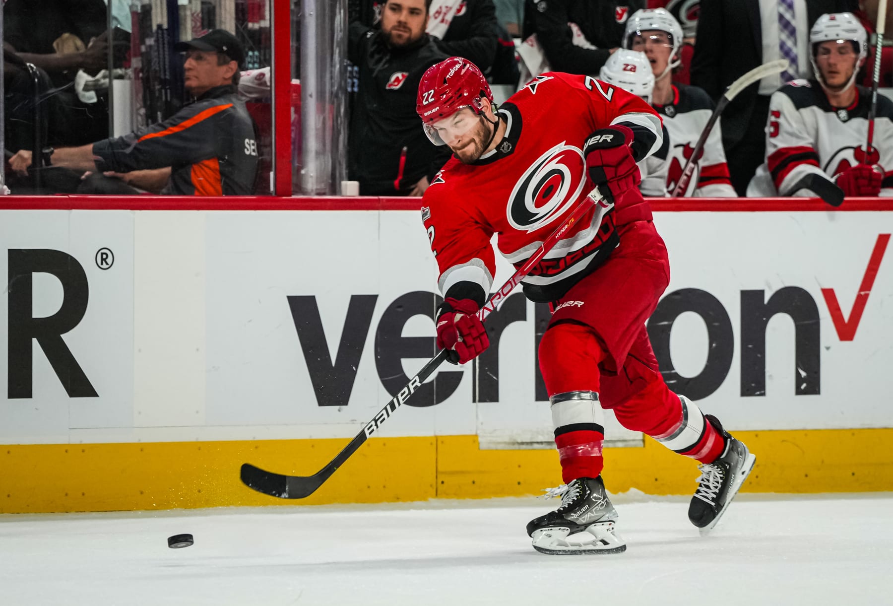 RALEIGH, NORTH CAROLINA - MAY 11: Brett Pesce #22 of the Carolina Hurricanes shoots the puck during the first period against the New Jersey Devils in Game Five of the Second Round of the 2023 Stanley Cup Playoffs at PNC Arena on May 11, 2023 in Raleigh, North Carolina. (Photo by Josh Lavallee/NHLI via Getty Images)
