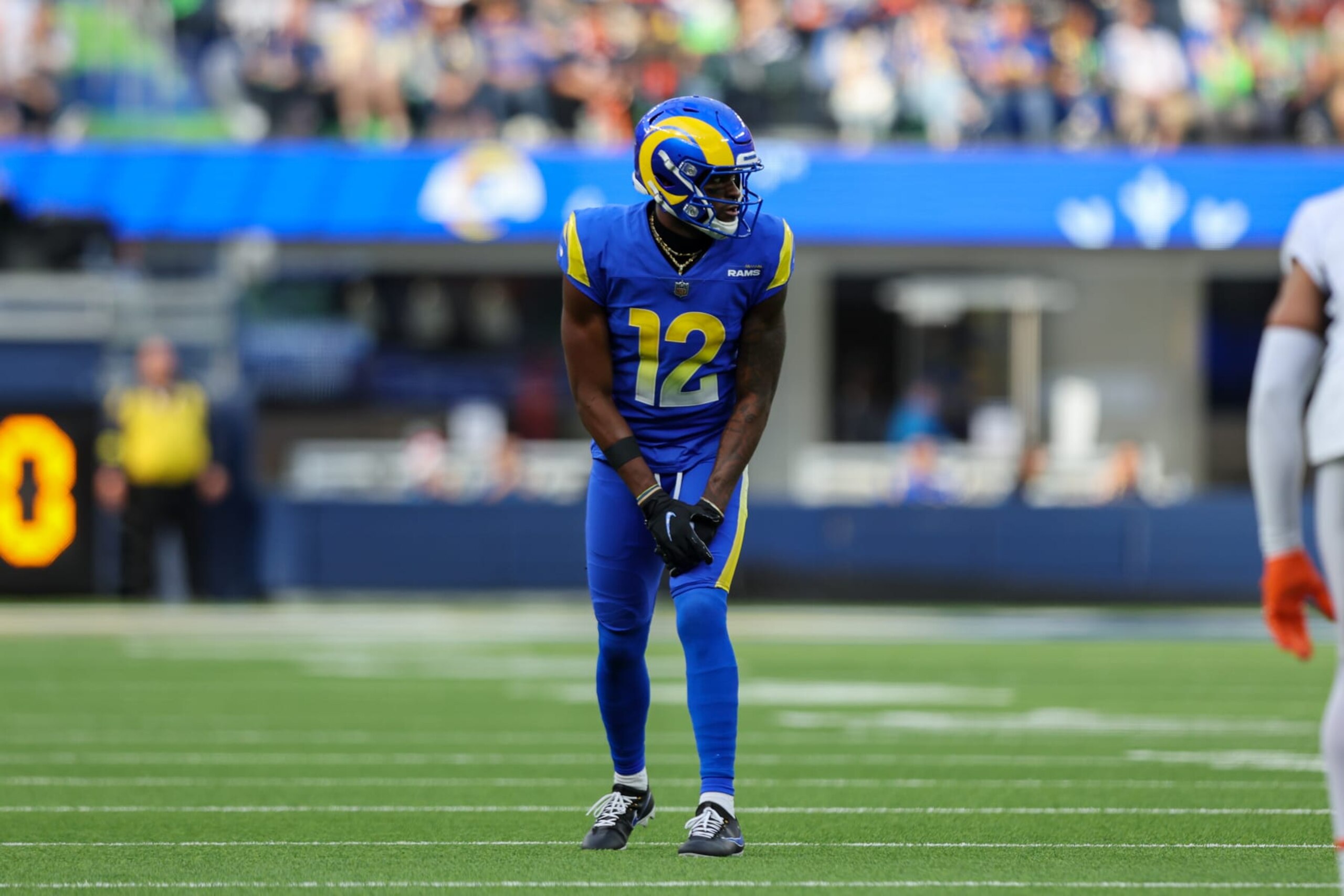 INGLEWOOD, CA - DECEMBER 25: Los Angeles Rams wide receiver Van Jefferson (12) during the NFL game between the Denver Broncos and the Los Angeles Rams on December 25, 2022, at SoFi Stadium in Inglewood, CA. (Photo by Jordon Kelly/Icon Sportswire via Getty Images)