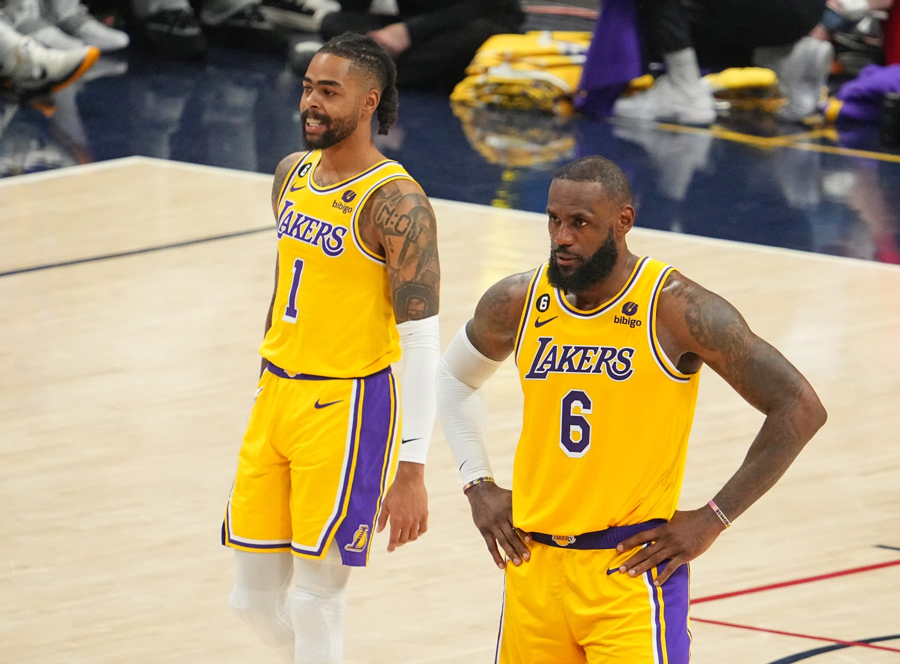 DENVER, CO - MAY 18:  LeBron James #6 and D'Angelo Russell #1 of the Los Angeles Lakers look on during Game 2 of the 2023 NBA Playoffs Western Conference Finals against the Denver Nuggets on May 18, 2023 at the Ball Arena in Denver, Colorado. NOTE TO USER: User expressly acknowledges and agrees that, by downloading and/or using this Photograph, user is consenting to the terms and conditions of the Getty Images License Agreement. Mandatory Copyright Notice: Copyright 2023 NBAE (Photo by Bart Young/NBAE via Getty Images)