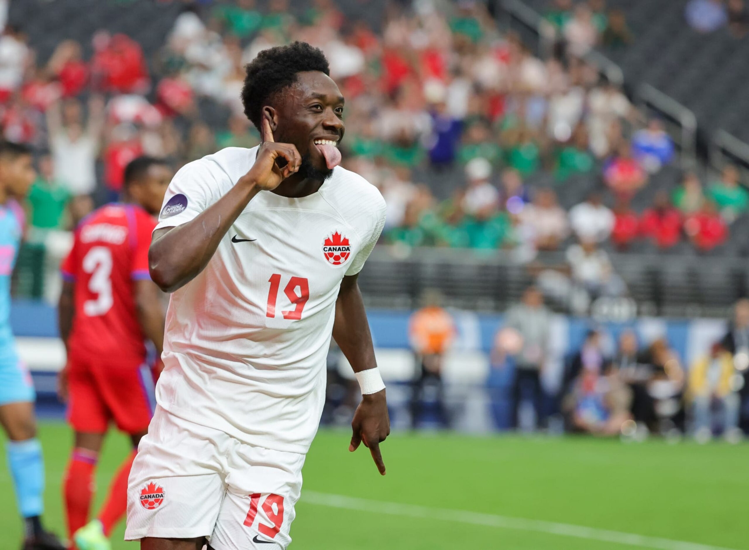 LAS VEGAS, NEVADA - JUNE 15: Alphonso Davies #19 of Canada reacts after scoring a goal against Panama in the second half of their game during the 2023 CONCACAF Nations League semifinals at Allegiant Stadium on June 15, 2023 in Las Vegas, Nevada. Canada defeated Panama 2-0. (Photo by Ethan Miller/Getty Images)