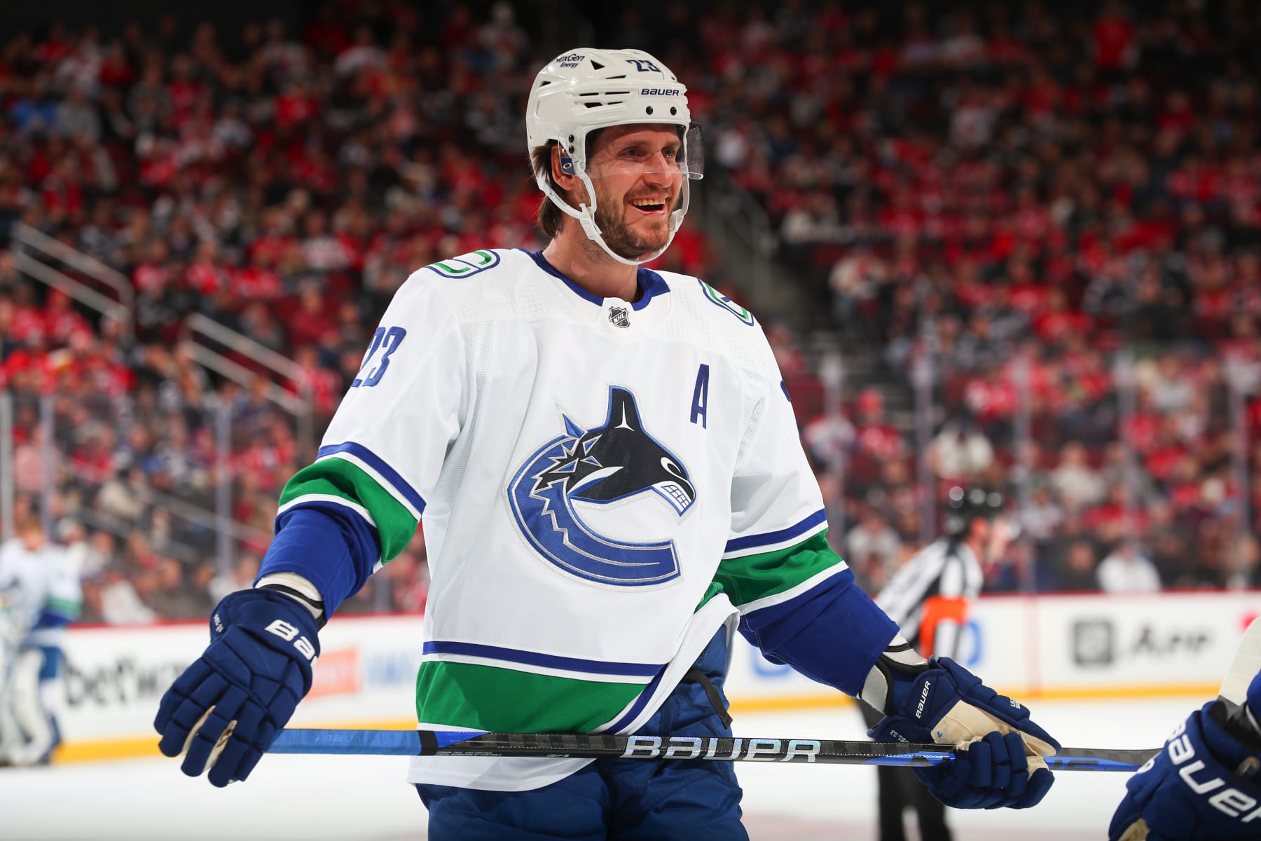 NEWARK, NJ - FEBRUARY 06: Oliver Ekman-Larsson #23 of the Vancouver Canucks skates in the first period of the game against the New Jersey Devils on February 06, 2023 at the Prudential Center in Newark, New Jersey.  (Photo by Rich Graessle/NHLI via Getty Images)