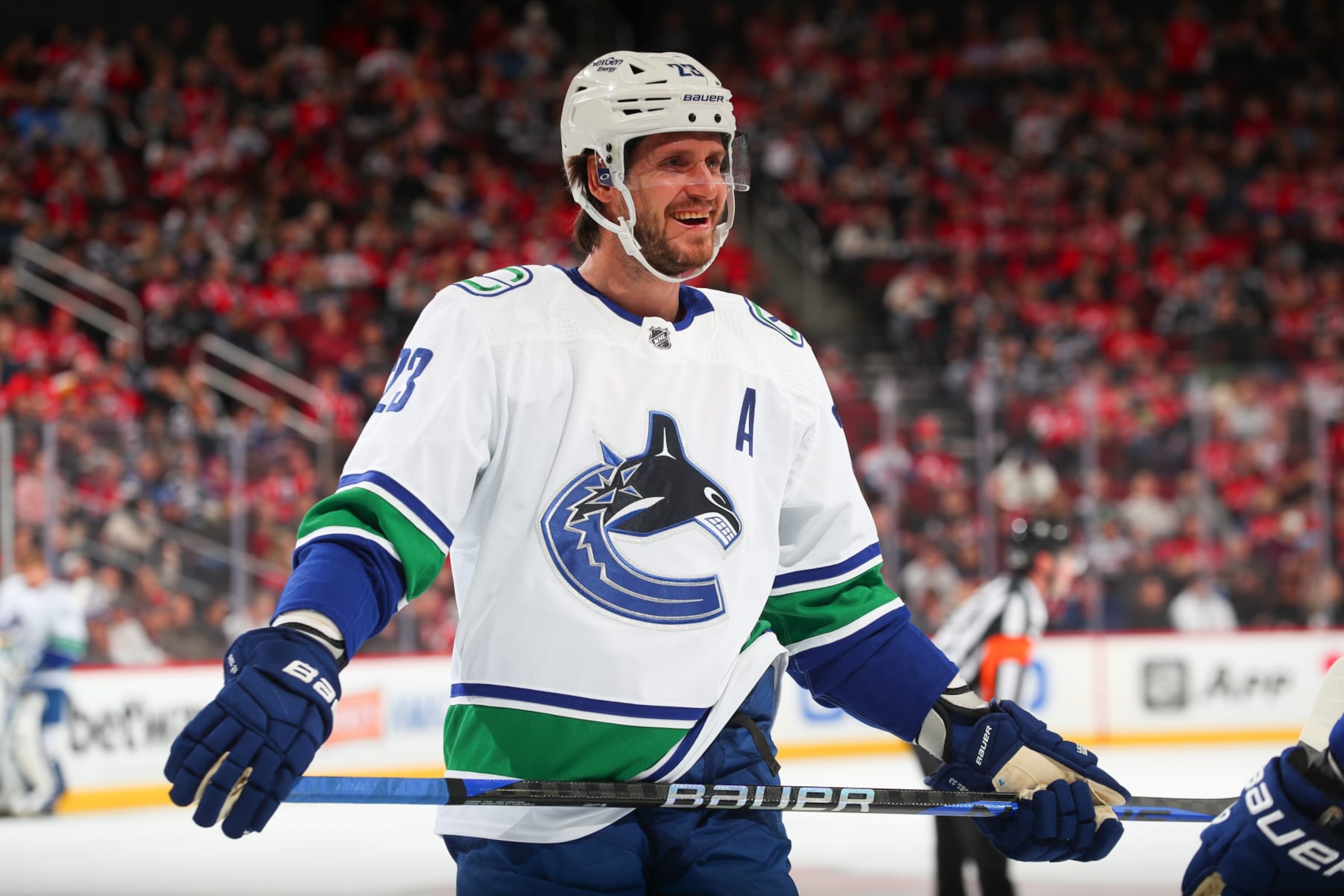 NEWARK, NJ - FEBRUARY 06: Oliver Ekman-Larsson #23 of the Vancouver Canucks skates in the first period of the game against the New Jersey Devils on February 06, 2023 at the Prudential Center in Newark, New Jersey.  (Photo by Rich Graessle/NHLI via Getty Images)